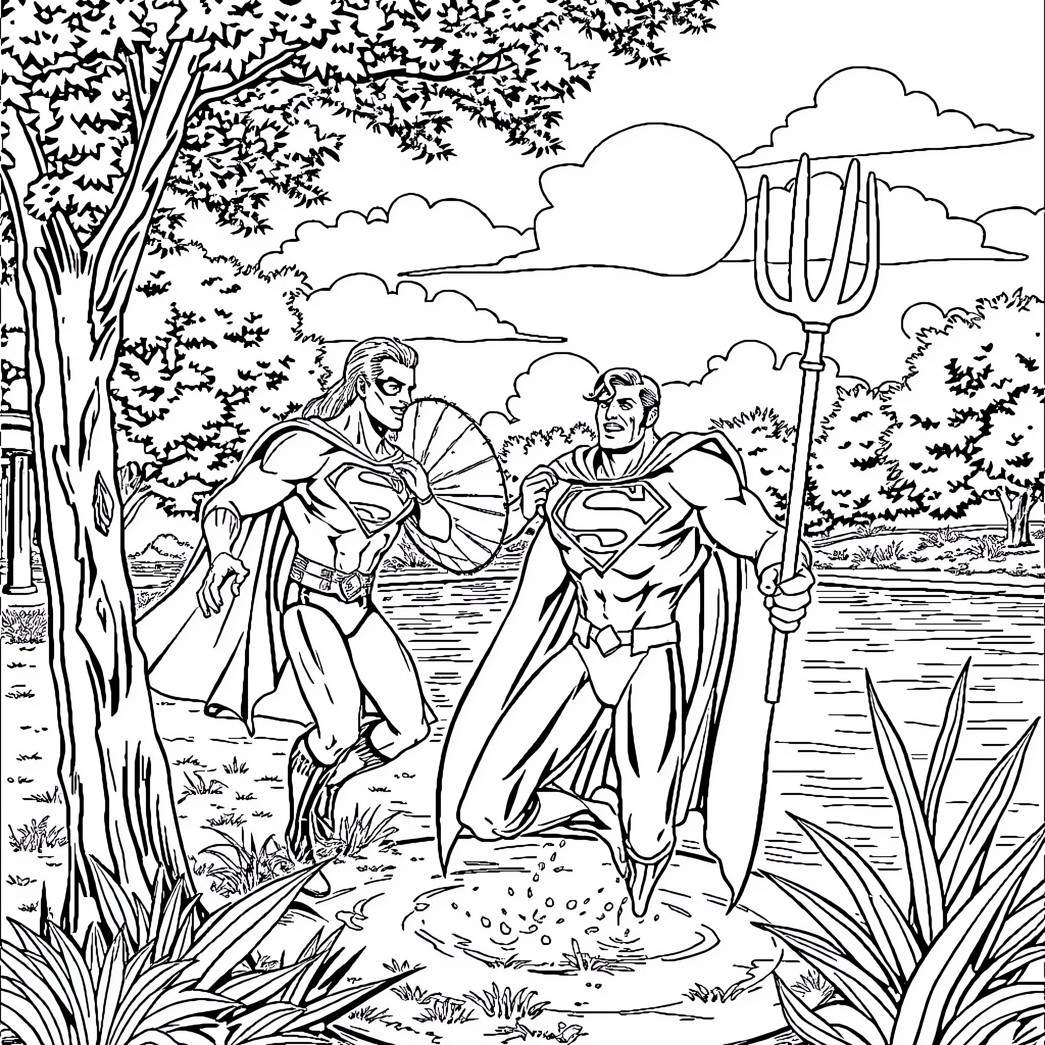 Superman and Aquaman in Heroic Outdoor Scene Coloring Page (free black-and-white line drawing printable PDF for all, from beginners to advanced learners, including children, teens, adults, and seniors)