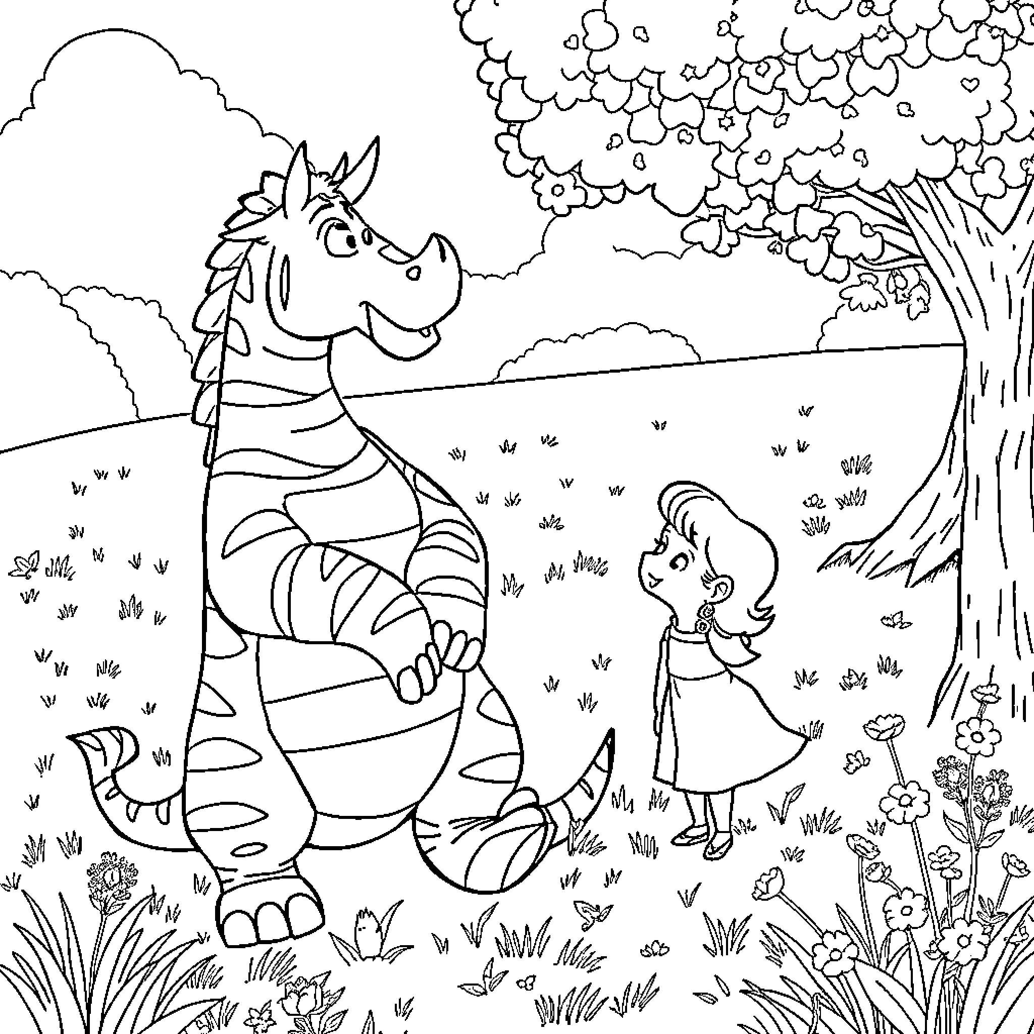 Ferdinand meeting a child in the enchanted forest Coloring Page (free black-and-white line drawing printable PDF for all, from beginners to advanced learners, including children, teens, adults, and seniors)