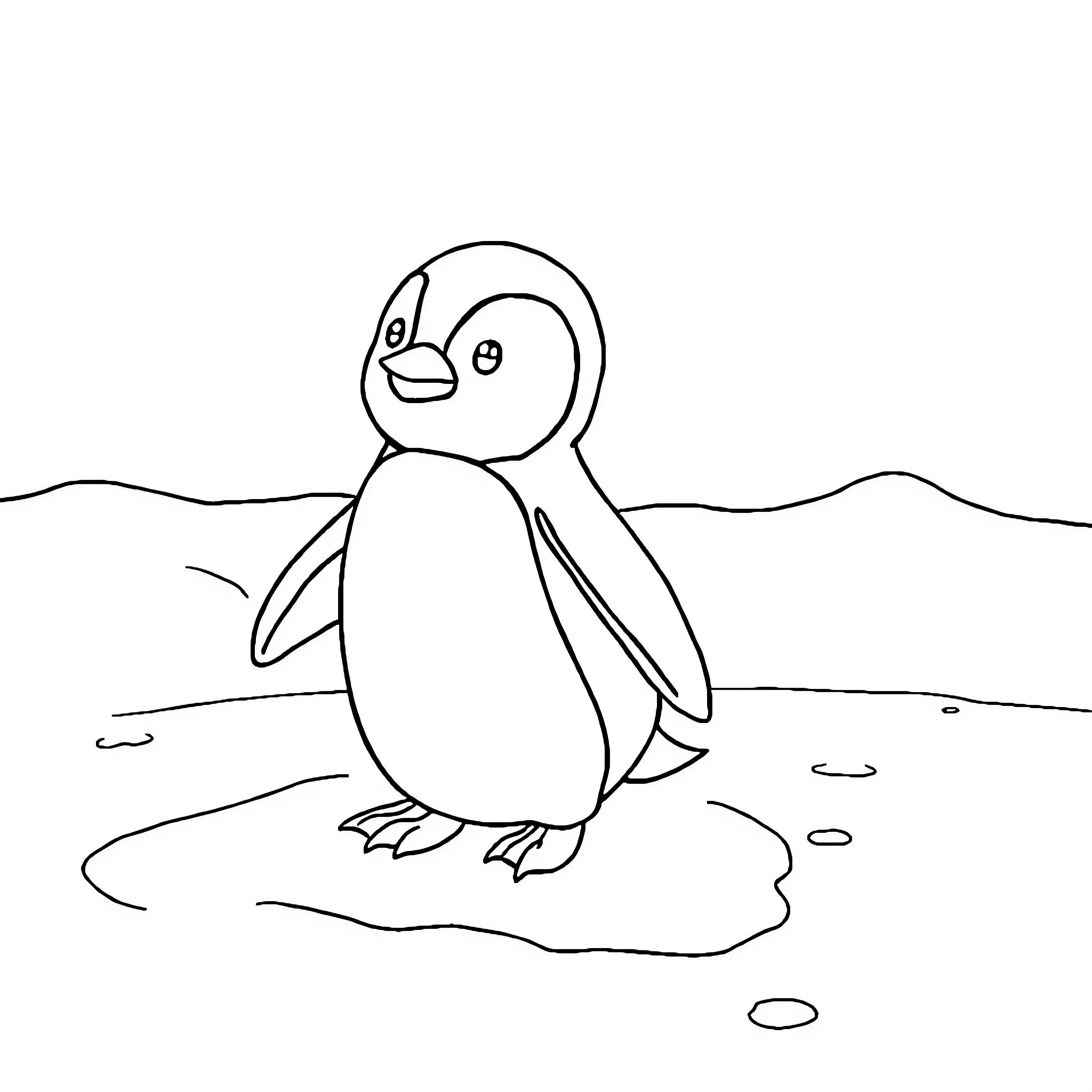 Penguin walking on snowy landscape Coloring Page (free black-and-white line drawing printable PDF for all, from beginners to advanced learners, including children, teens, adults, and seniors)