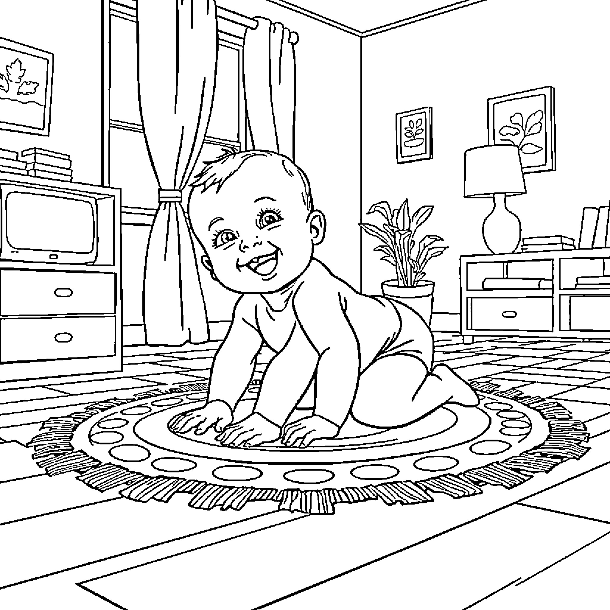 Baby smiling happily on colorful rug in room Coloring Page (free black-and-white line drawing printable PDF for all, from beginners to advanced learners, including children, teens, adults, and seniors)