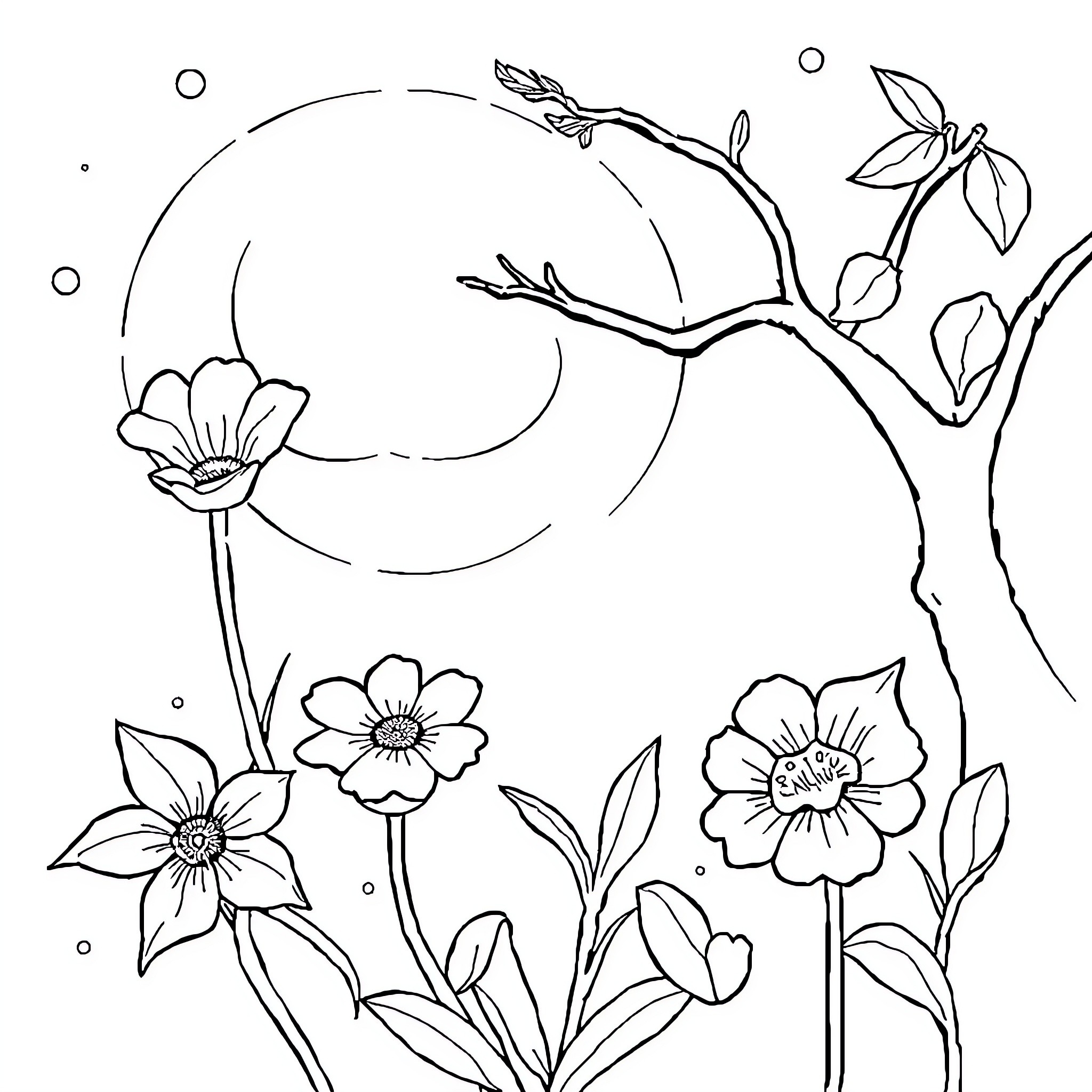 סקי צעד הפרחים בירח שאנן Coloring Page (free black-and-white line drawing printable PDF for all, from beginners to advanced learners, including children, teens, adults, and seniors)