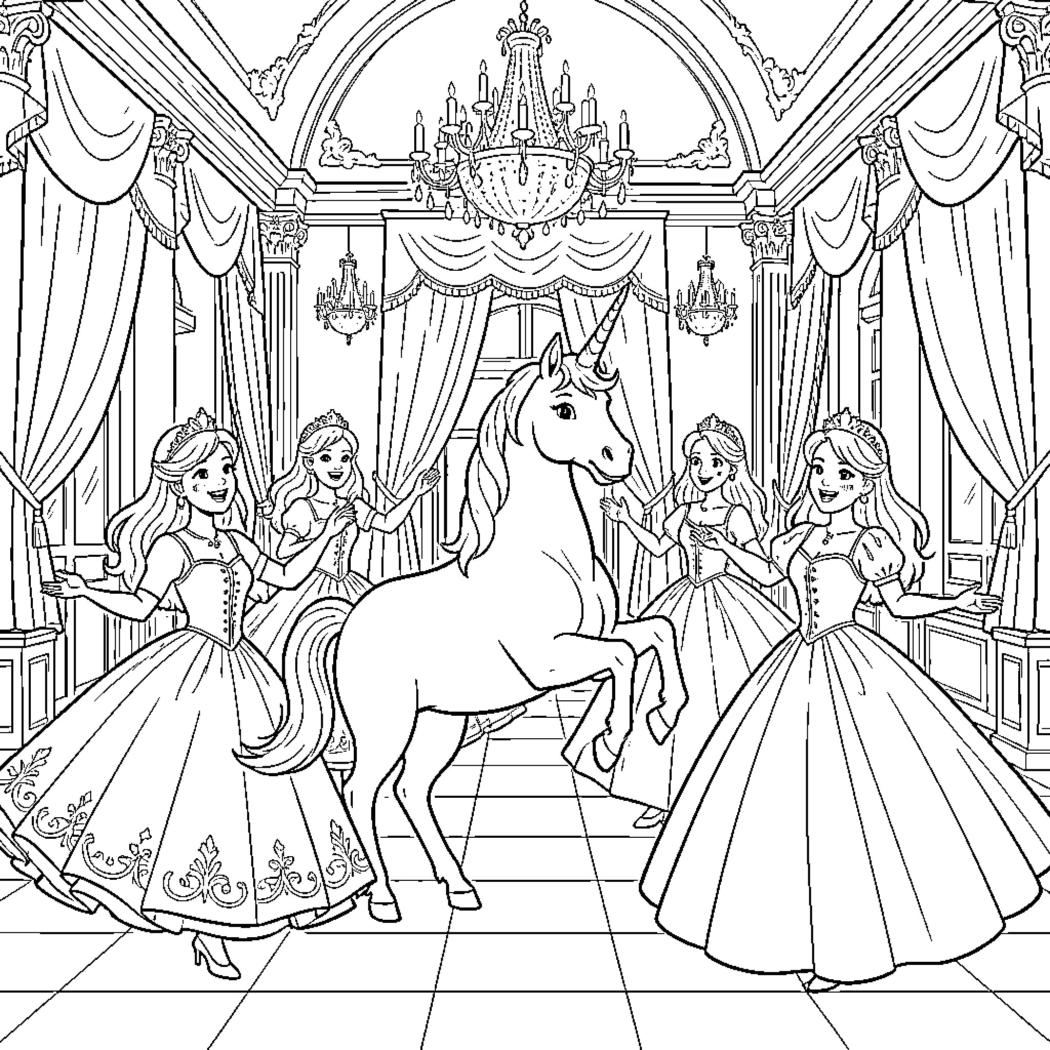 Unicorn and Princesses in a Royal Palace Coloring Page (free black-and-white line drawing printable PDF for all, from beginners to advanced learners, including children, teens, adults, and seniors)