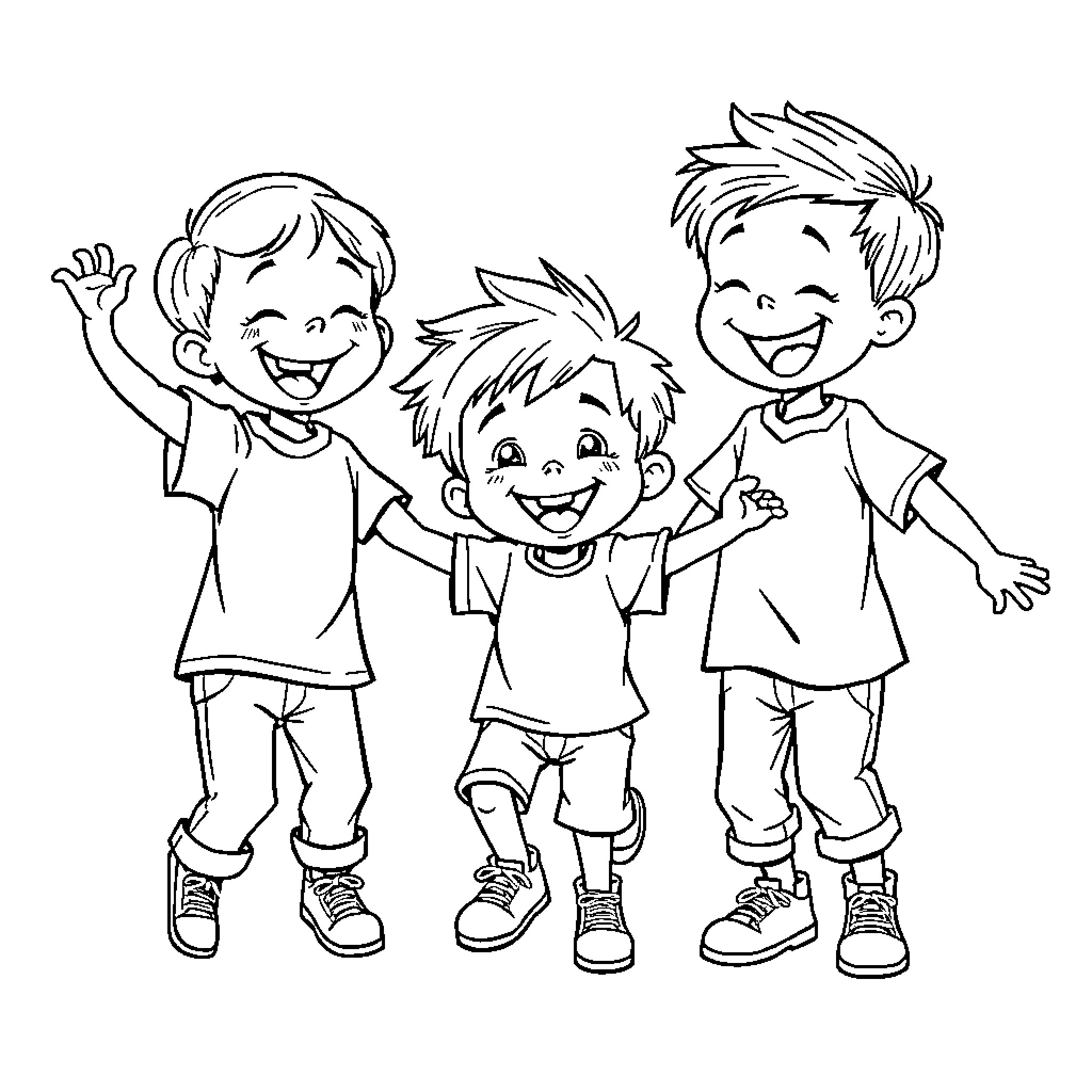 Kid friends playing and having fun Coloring Page (free black-and-white line drawing printable PDF for all, from beginners to advanced learners, including children, teens, adults, and seniors)