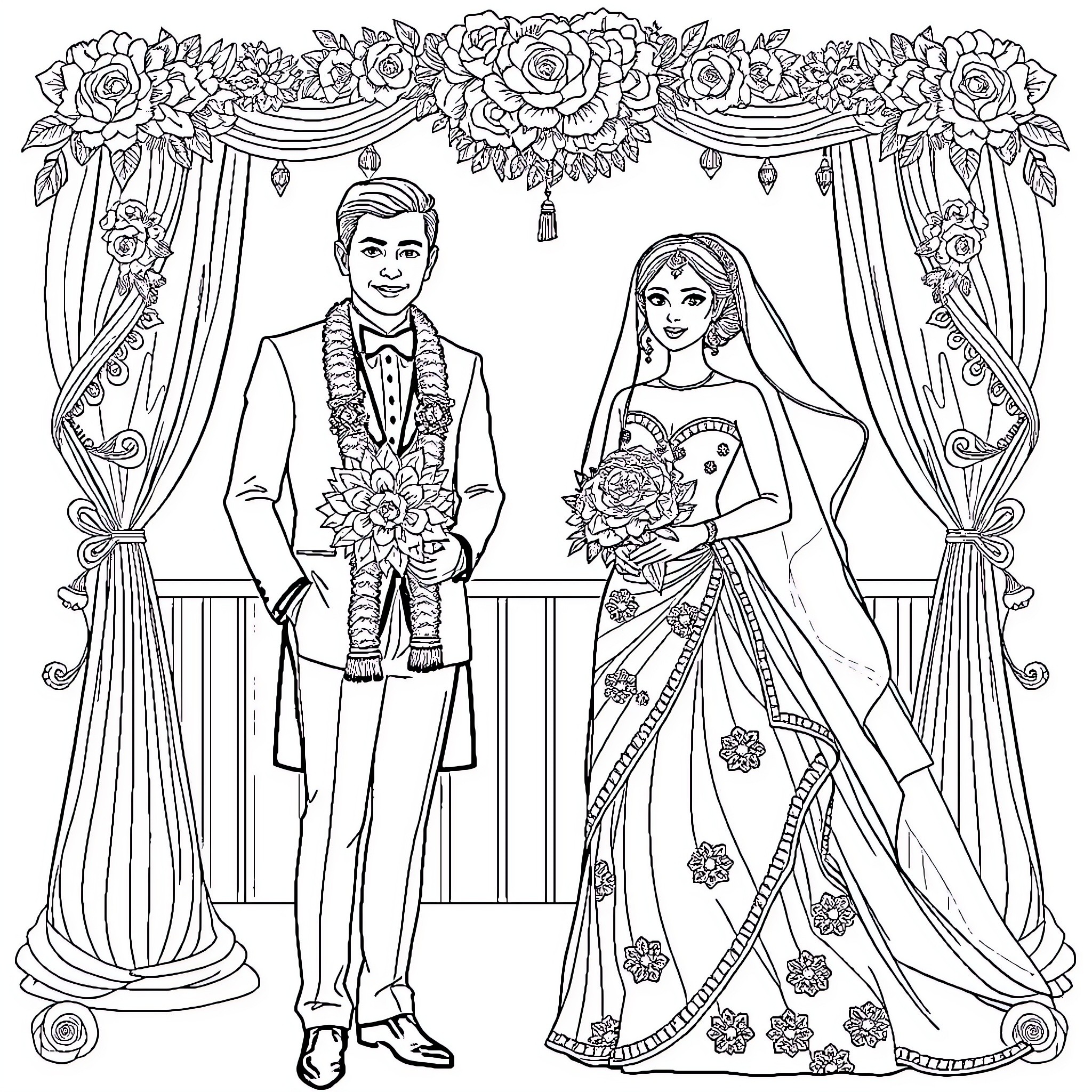 Wedding Ceremony with Formal Attire and Floral Decor Coloring Page (free black-and-white line drawing printable PDF for all, from beginners to advanced learners, including children, teens, adults, and seniors)
