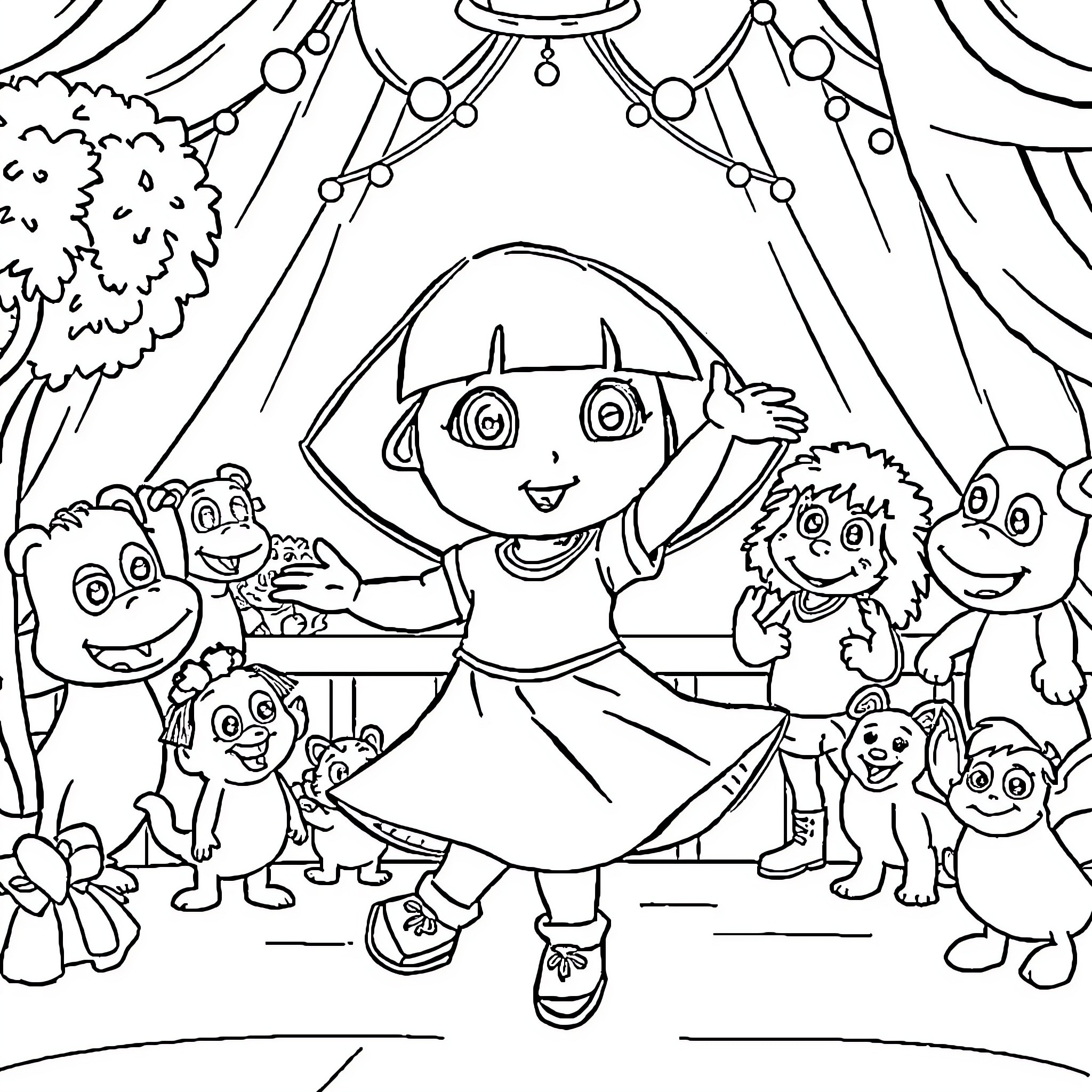 Dora's Circus Performance with Animal Friends Coloring Page (free black-and-white line drawing printable PDF for all, from beginners to advanced learners, including children, teens, adults, and seniors)