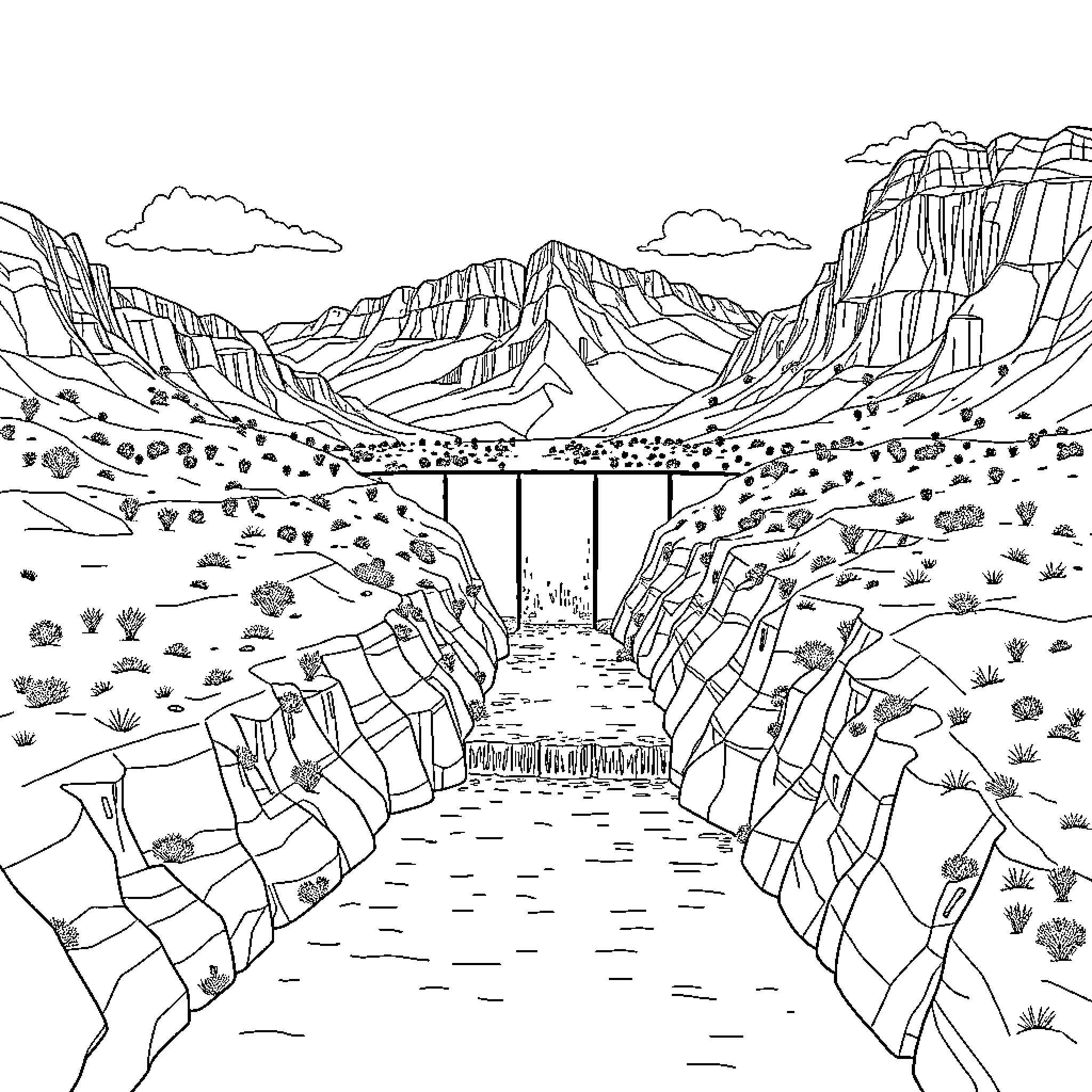 River flowing through a rocky mountain landscape Coloring Page (free black-and-white line drawing printable PDF for all, from beginners to advanced learners, including children, teens, adults, and seniors)