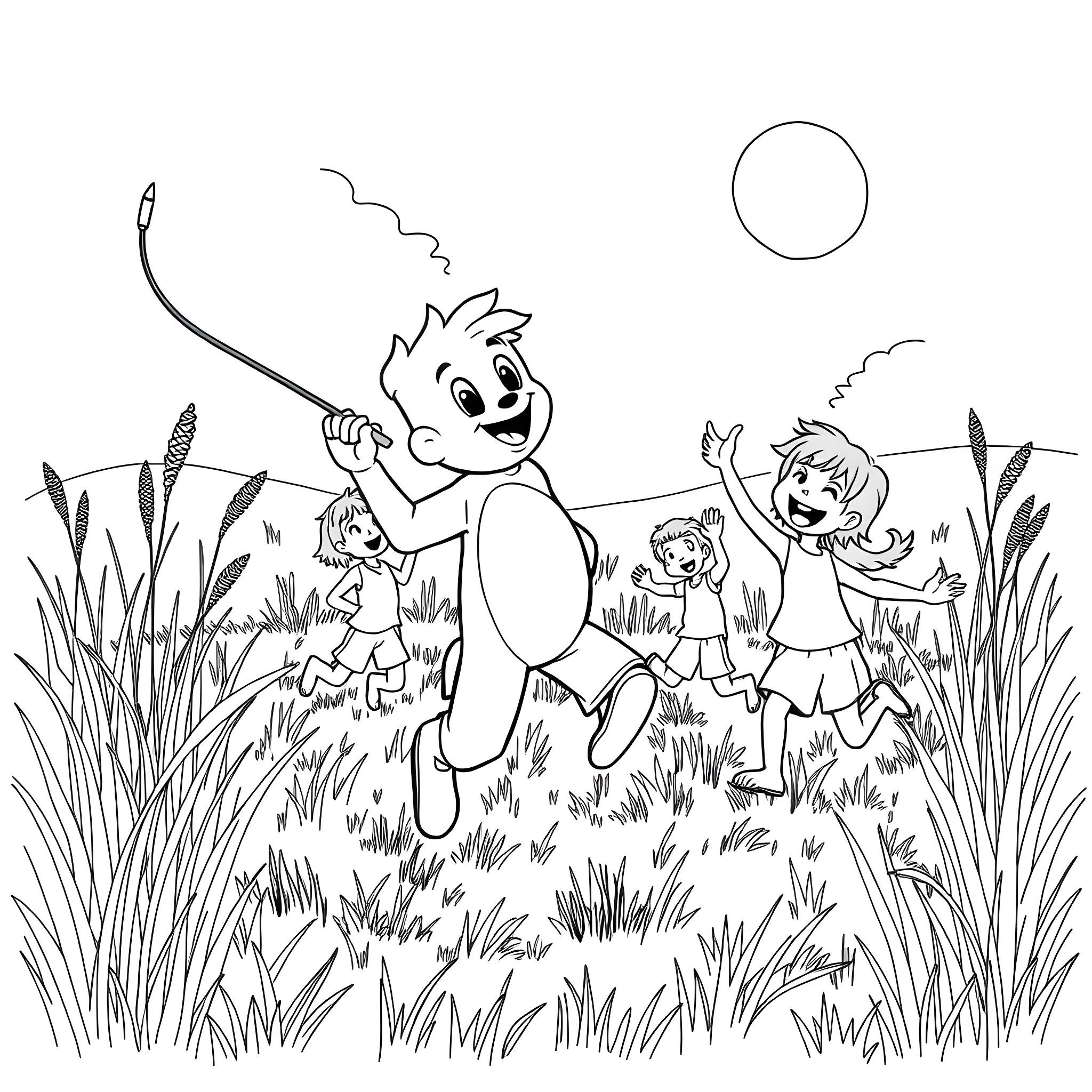 Bluey and friends playing in the grass Coloring Page (free black-and-white line drawing printable PDF for all, from beginners to advanced learners, including children, teens, adults, and seniors)