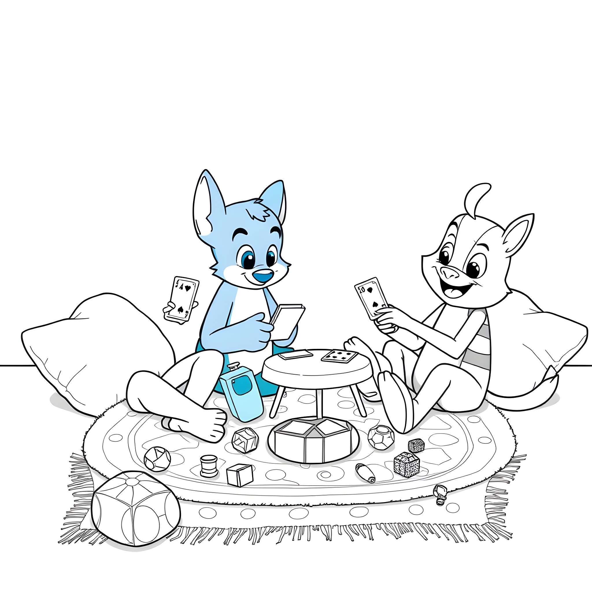 Bluey and friends having a fun playdate Coloring Page (free black-and-white line drawing printable PDF for all, from beginners to advanced learners, including children, teens, adults, and seniors)