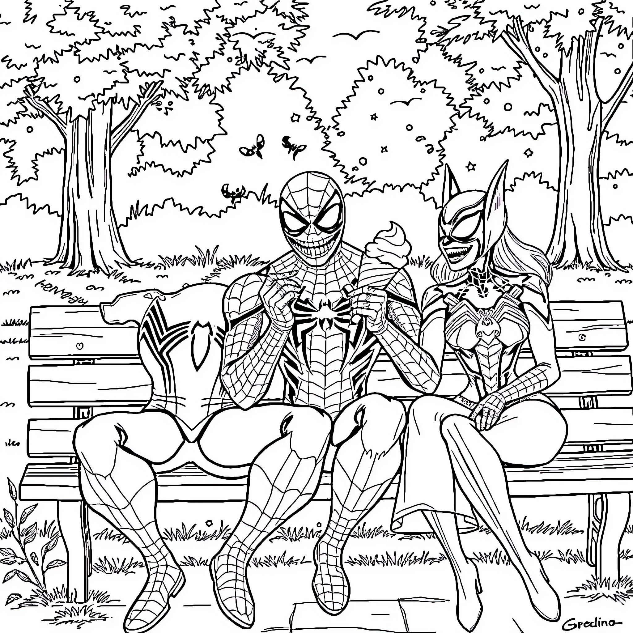 Spiderman and his fellow superheroes relaxing in the park Coloring Page (free black-and-white line drawing printable PDF for all, from beginners to advanced learners, including children, teens, adults, and seniors)