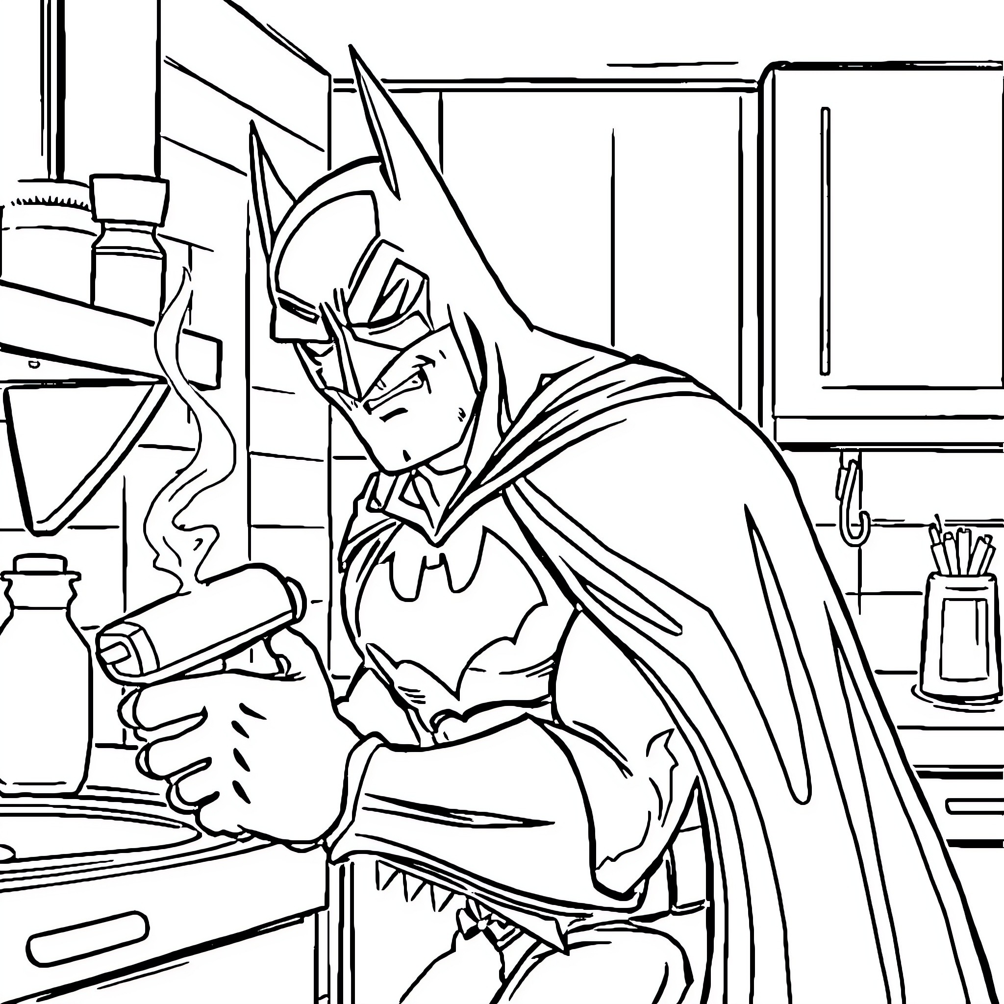 Batman investigates a crime scene with determination Coloring Page (free black-and-white line drawing printable PDF for all, from beginners to advanced learners, including children, teens, adults, and seniors)