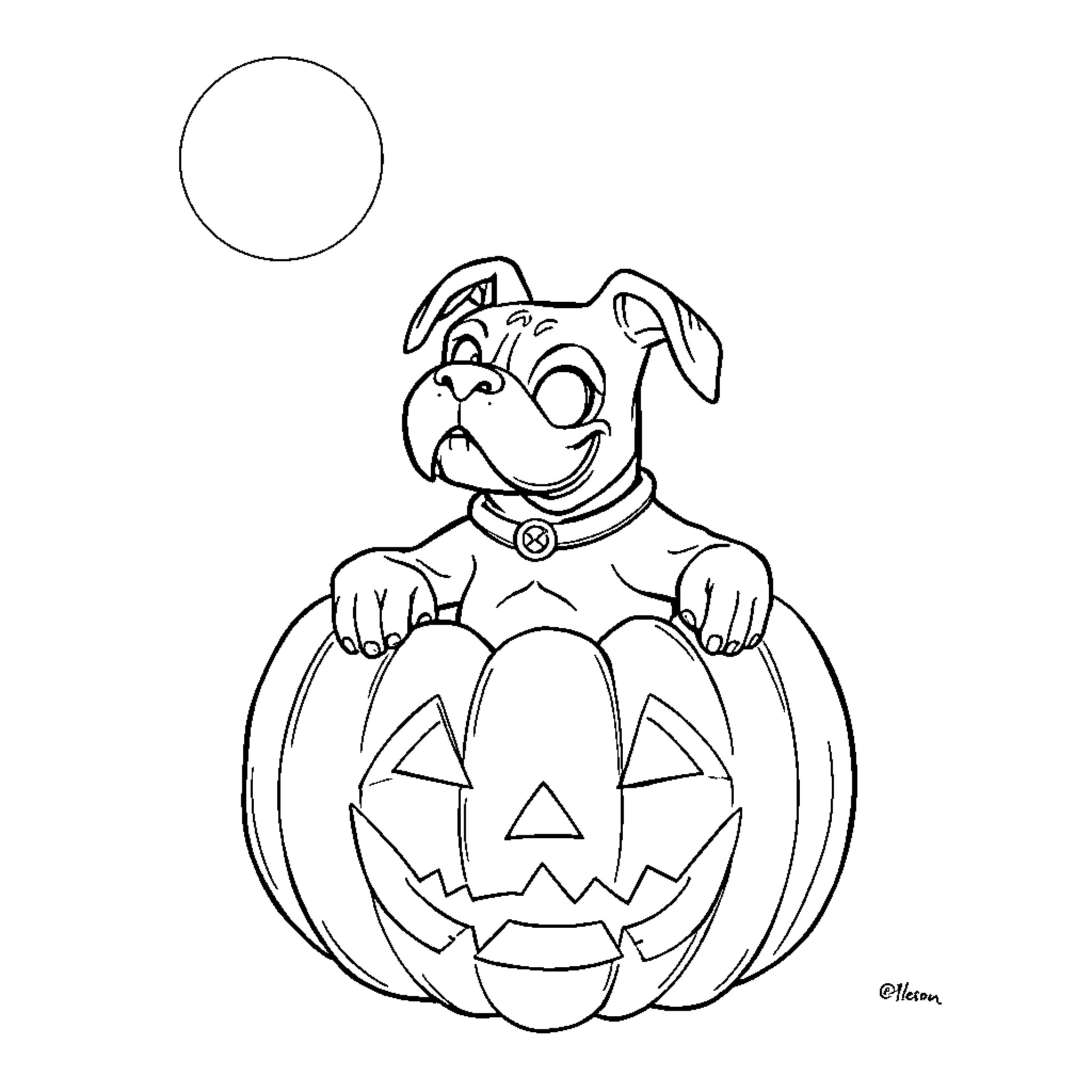 Dogman peeks out of a carved pumpkin Coloring Page (free black-and-white line drawing printable PDF for all, from beginners to advanced learners, including children, teens, adults, and seniors)