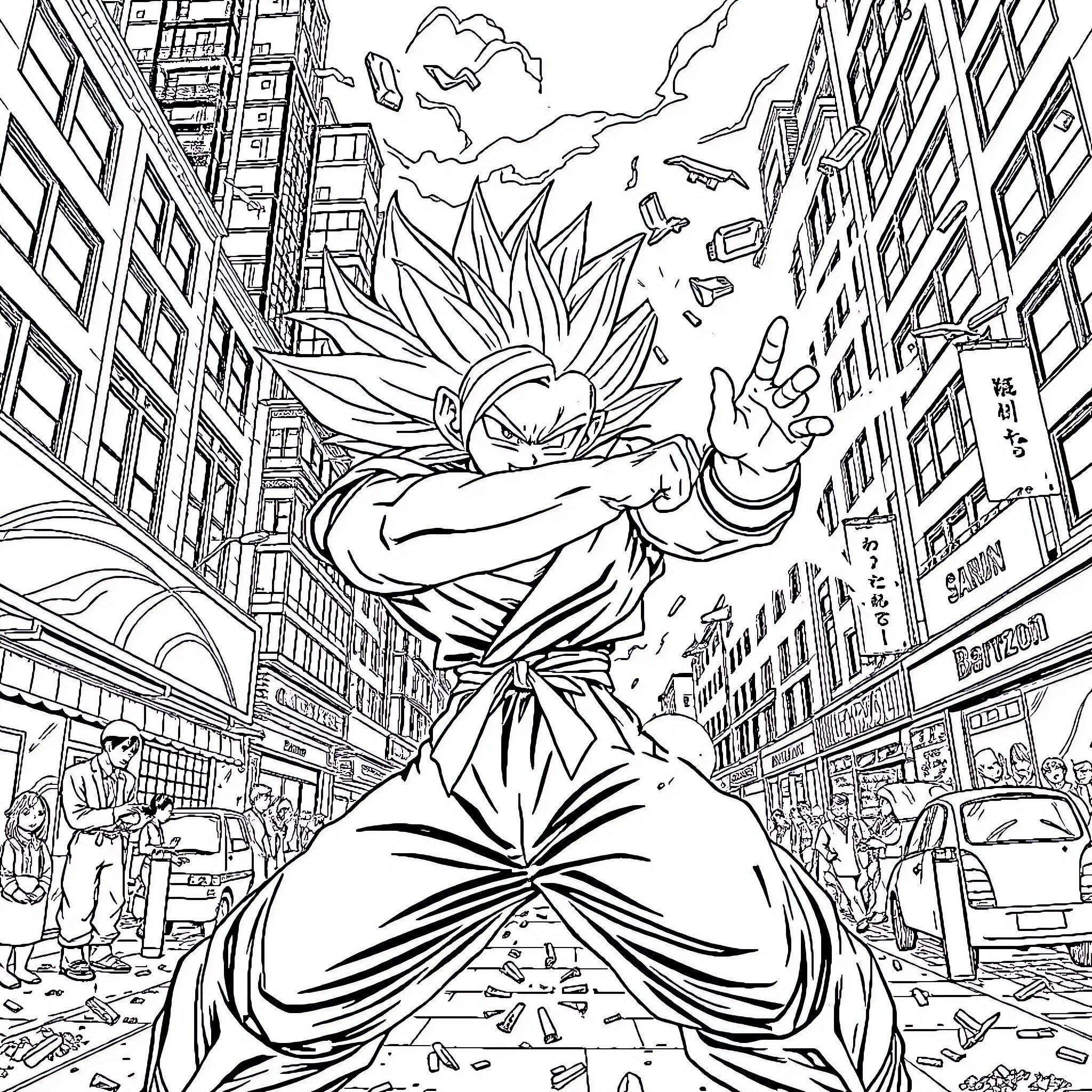 Super Saiyan Warrior Unleashing Powerful Energy in City Coloring Page (free black-and-white line drawing printable PDF for all, from beginners to advanced learners, including children, teens, adults, and seniors)
