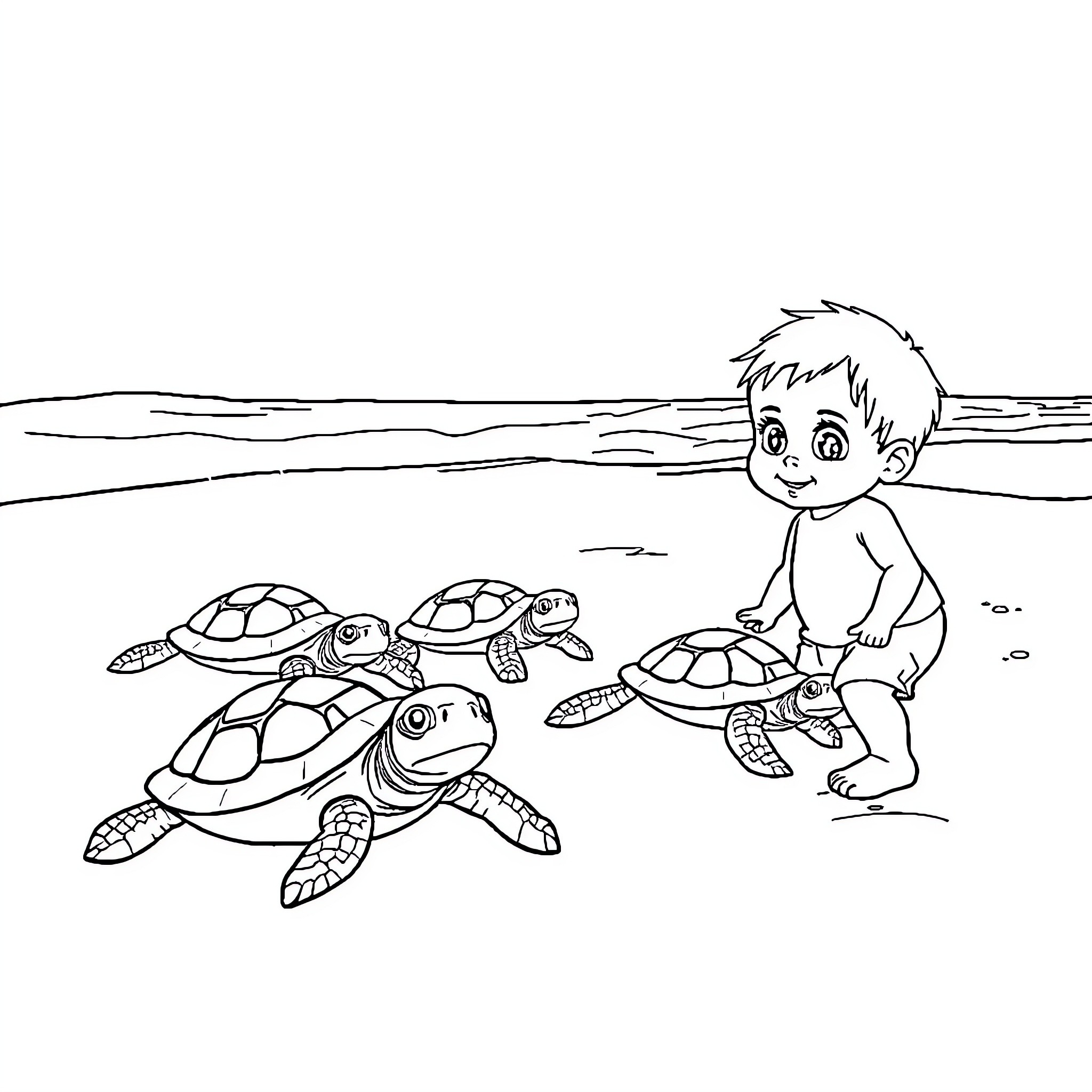 Turtle and boy playing on the beach Coloring Page (free black-and-white line drawing printable PDF for all, from beginners to advanced learners, including children, teens, adults, and seniors)