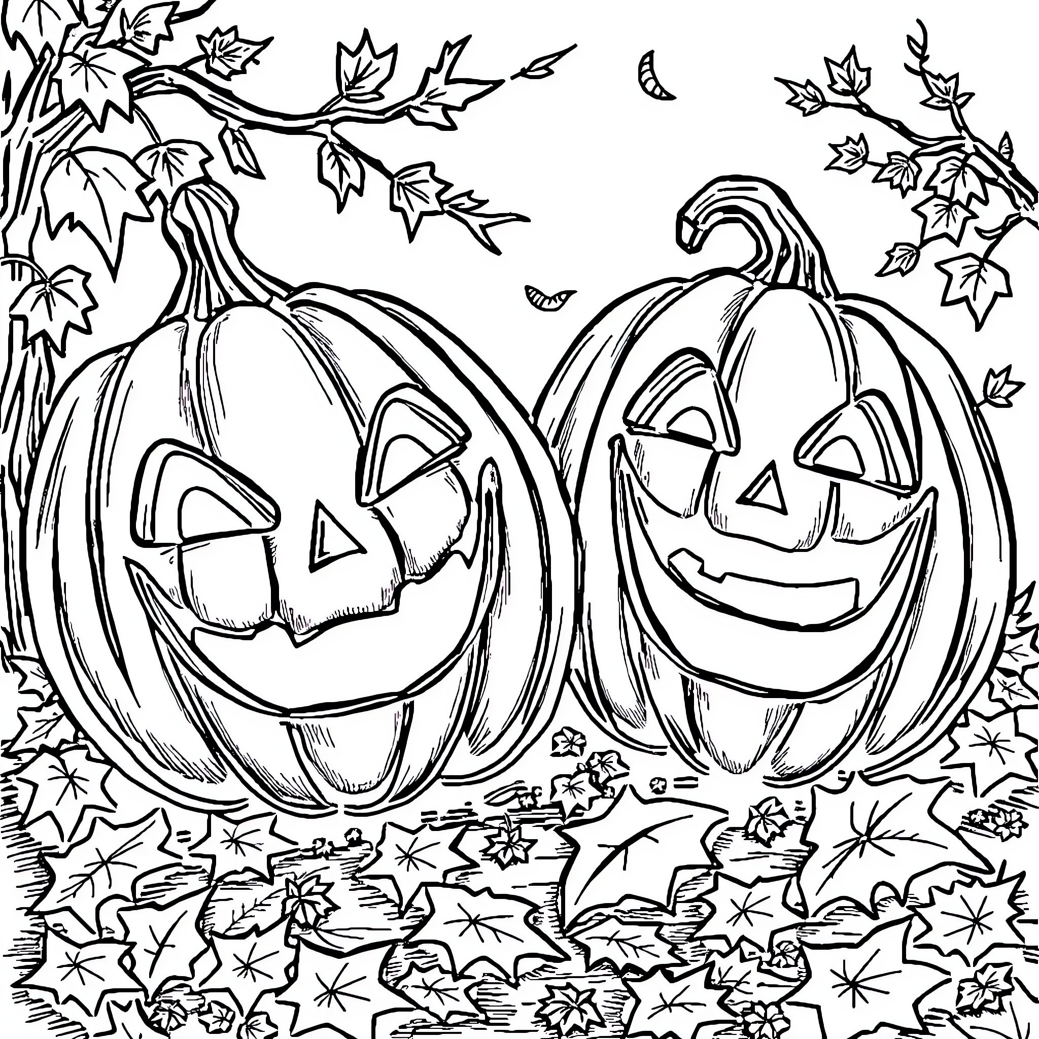 Jack-o'-lanterns enjoying the autumn leaves Coloring Page (free black-and-white line drawing printable PDF for all, from beginners to advanced learners, including children, teens, adults, and seniors)