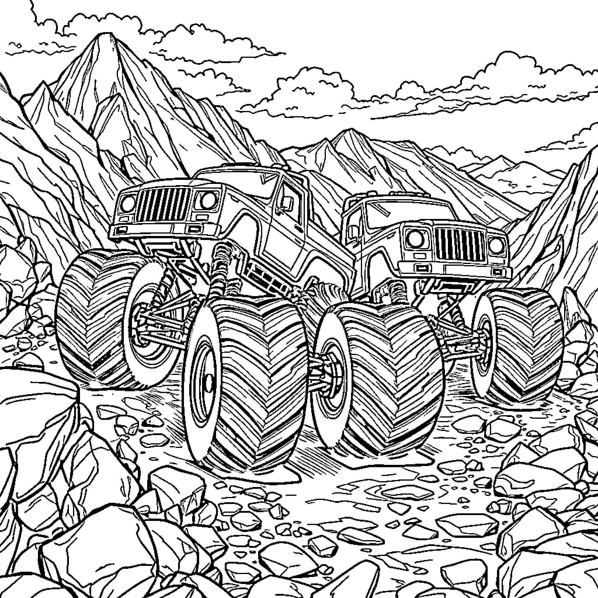 Monster Trucks Racing in the Mountains Coloring Page (free black-and-white line drawing printable PDF for all, from beginners to advanced learners, including children, teens, adults, and seniors)