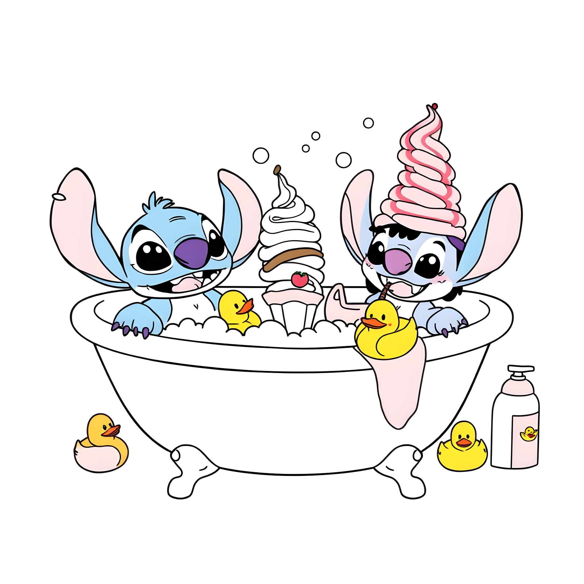 Lilo and Stitch enjoy a fun bath with treats Coloring Page (free black-and-white line drawing printable PDF for all, from beginners to advanced learners, including children, teens, adults, and seniors)