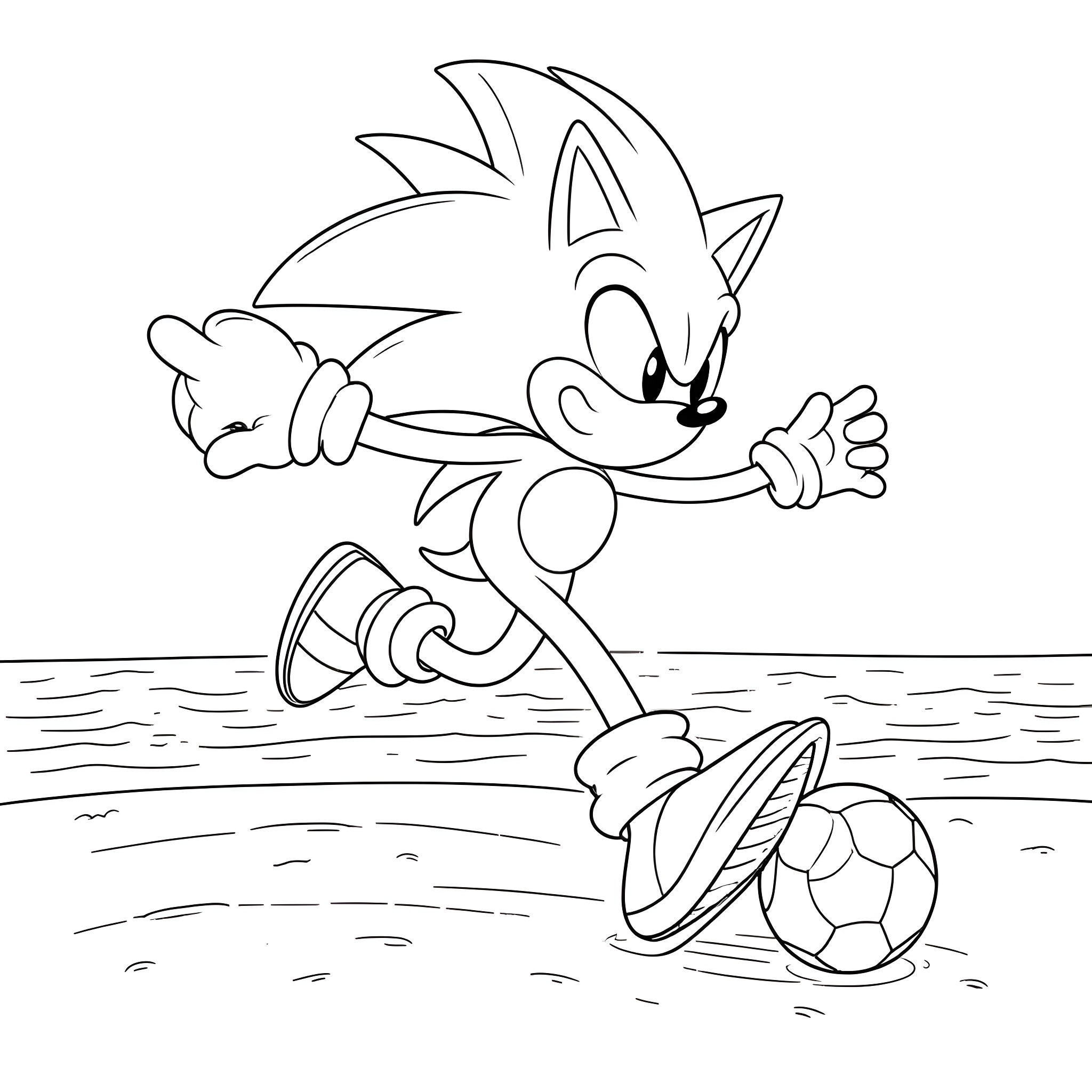 Sonic running and playing with a soccer ball Coloring Page (free black-and-white line drawing printable PDF for all, from beginners to advanced learners, including children, teens, adults, and seniors)