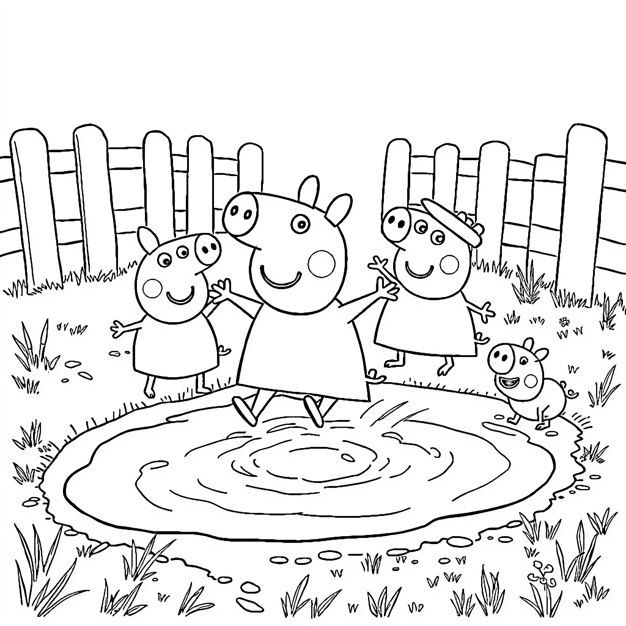Peppa Pig and friends playing in the mud puddle Coloring Page (free black-and-white line drawing printable PDF for all, from beginners to advanced learners, including children, teens, adults, and seniors)