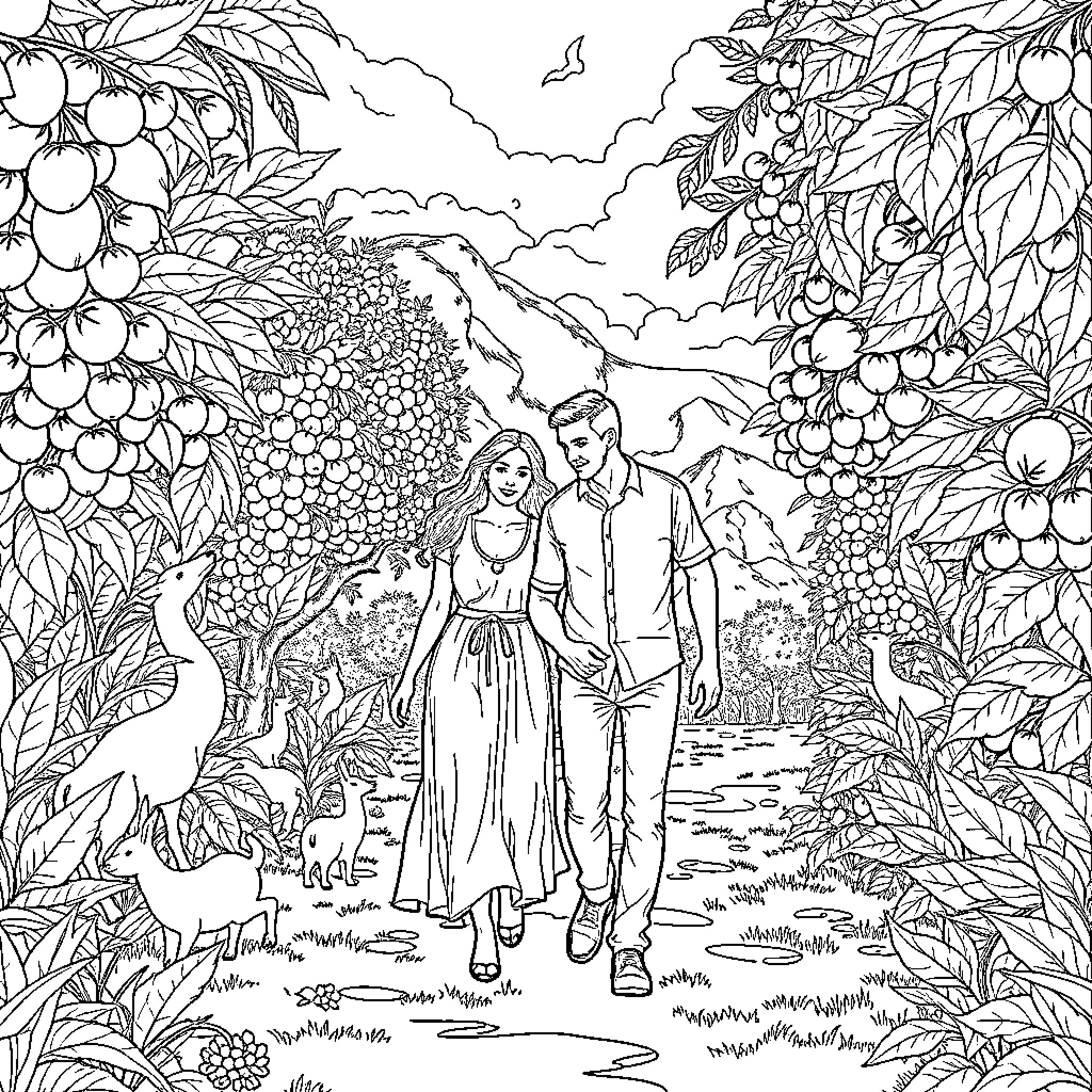 Man and Woman Walking Amidst Lush Foliage Coloring Page (free black-and-white line drawing printable PDF for all, from beginners to advanced learners, including children, teens, adults, and seniors)