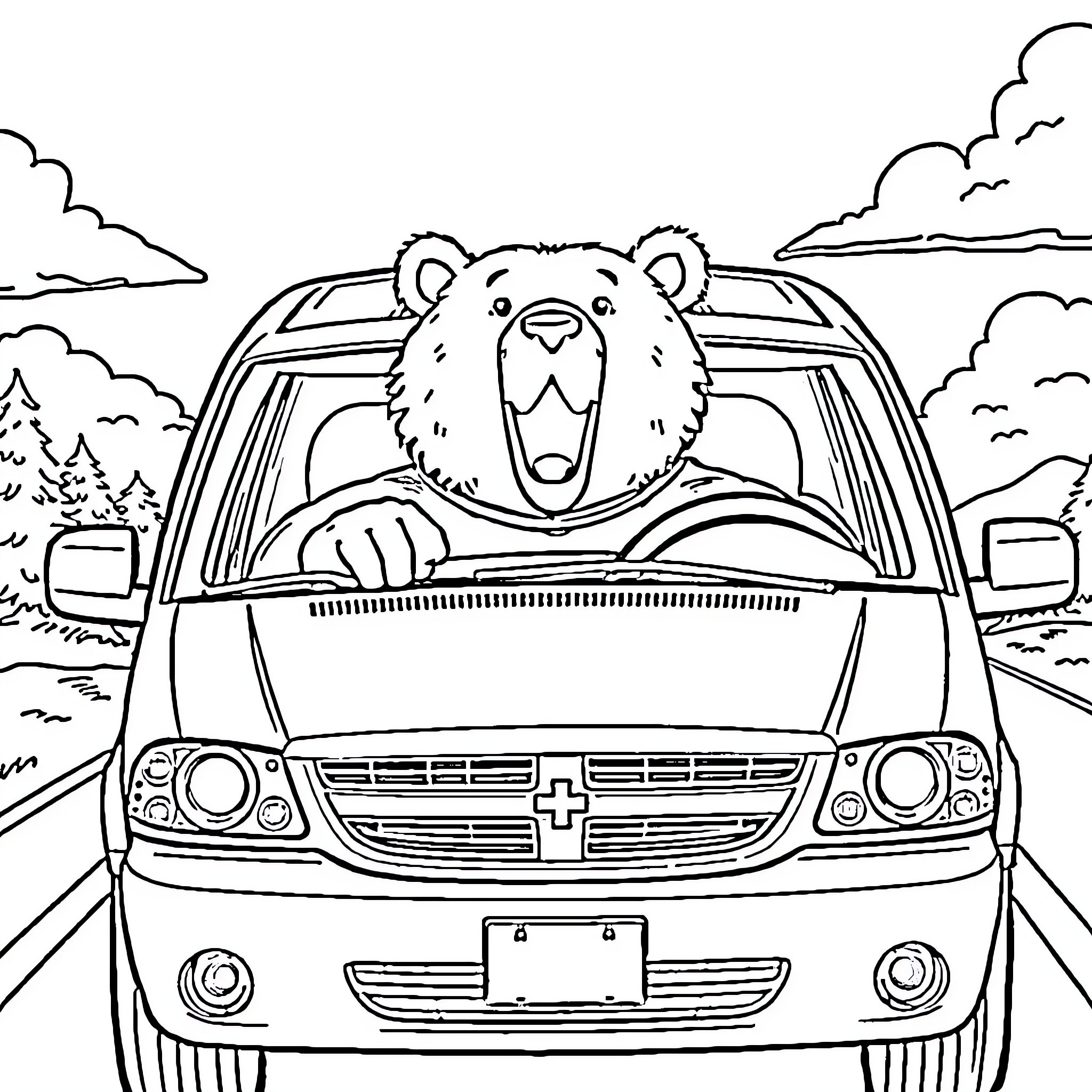 Bear driving a car through the countryside Coloring Page (free black-and-white line drawing printable PDF for all, from beginners to advanced learners, including children, teens, adults, and seniors)