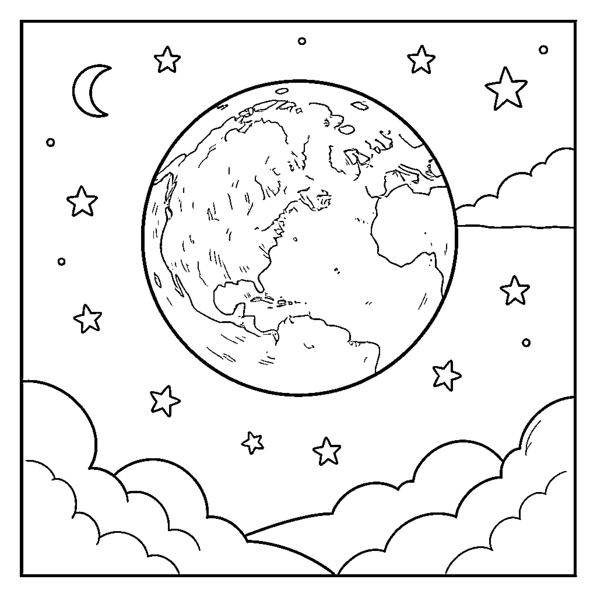 Moon and stars shining over the earth and clouds Coloring Page (free black-and-white line drawing printable PDF for all, from beginners to advanced learners, including children, teens, adults, and seniors)