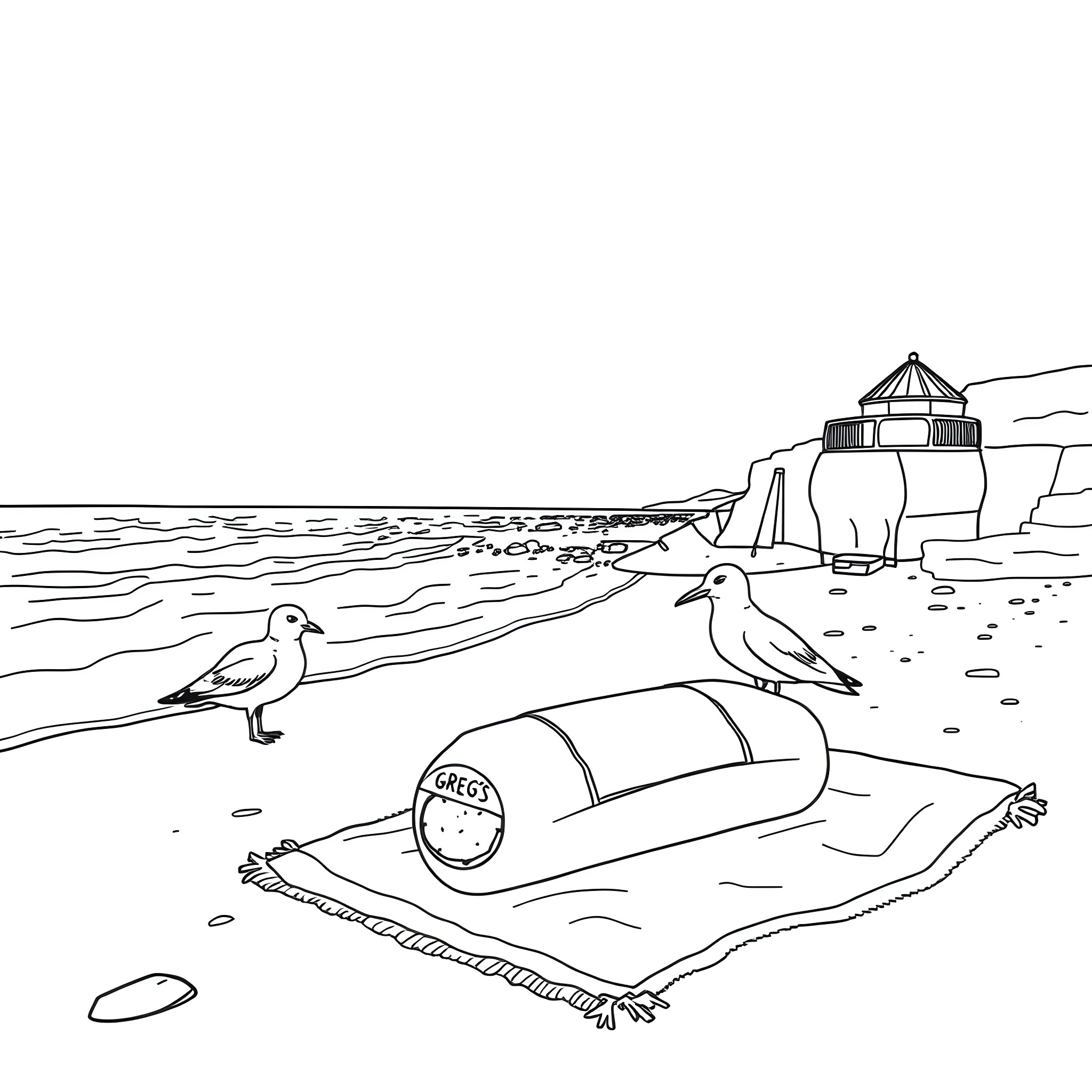 Seagulls on the beach near a lighthouse Coloring Page (free black-and-white line drawing printable PDF for all, from beginners to advanced learners, including children, teens, adults, and seniors)