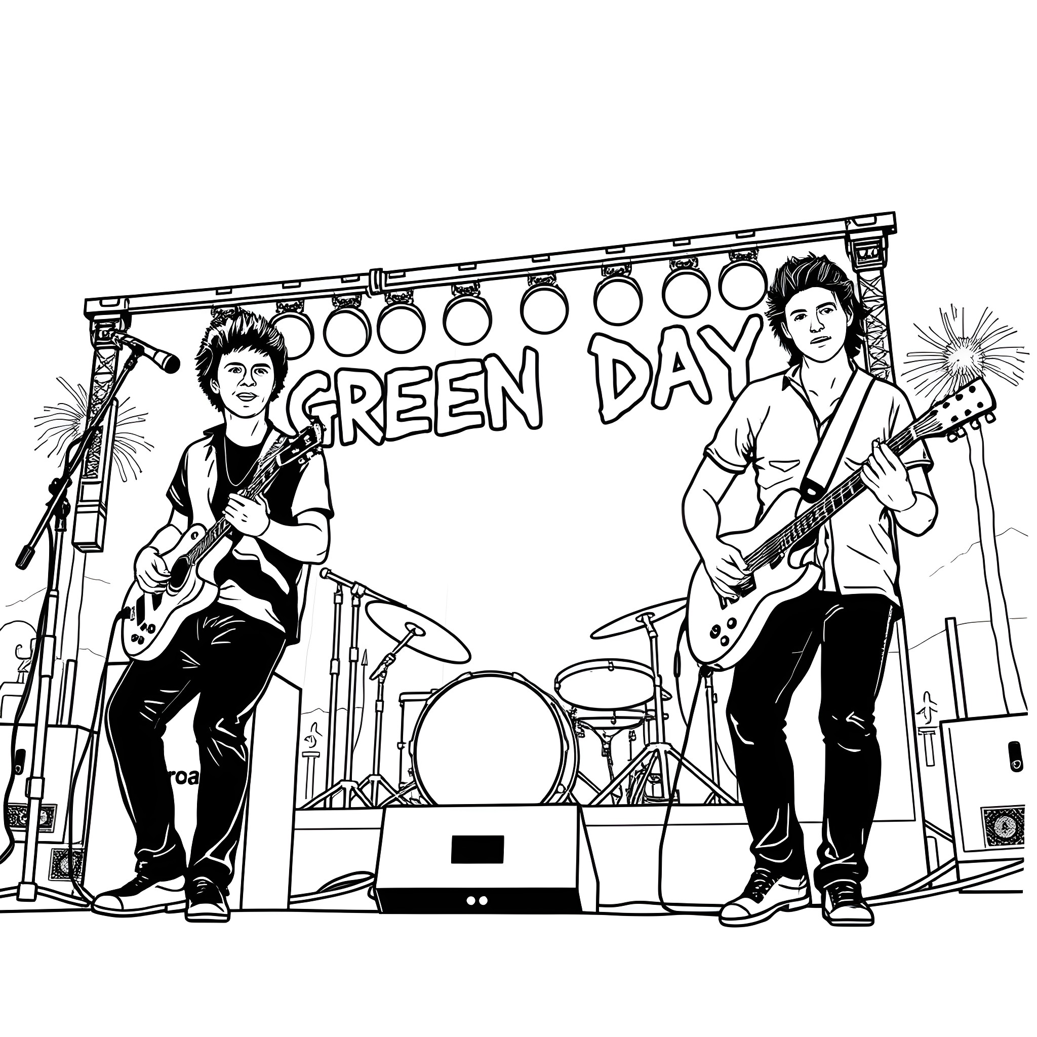 Green Day Band Members Performing on Stage Coloring Page (free black-and-white line drawing printable PDF for all, from beginners to advanced learners, including children, teens, adults, and seniors)