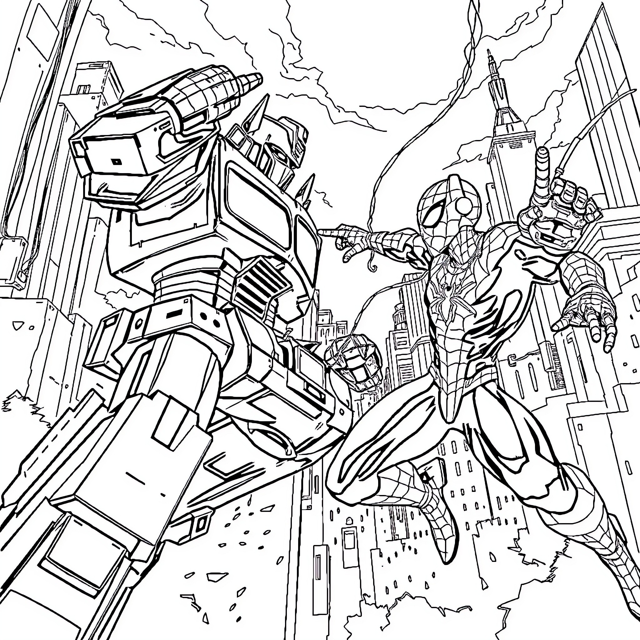 Optimus Prime battling with Decepticons in futuristic city Coloring Page (free black-and-white line drawing printable PDF for all, from beginners to advanced learners, including children, teens, adults, and seniors)