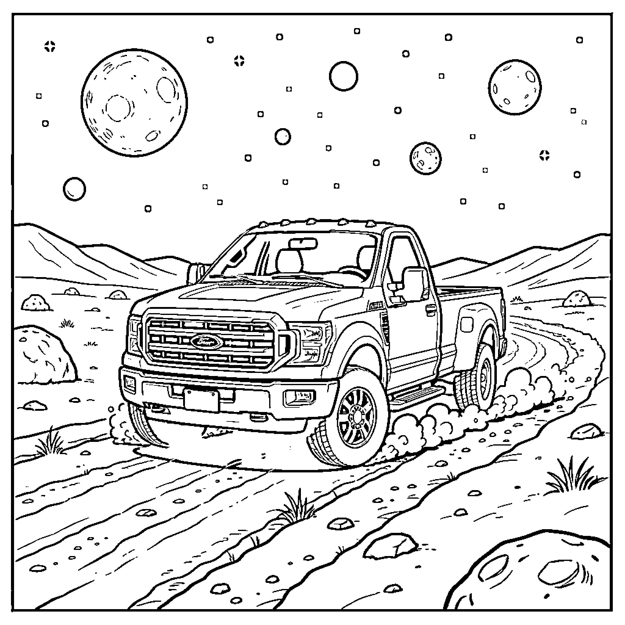 Ford Dually Truck driving through a desert landscape Coloring Page (free black-and-white line drawing printable PDF for all, from beginners to advanced learners, including children, teens, adults, and seniors)