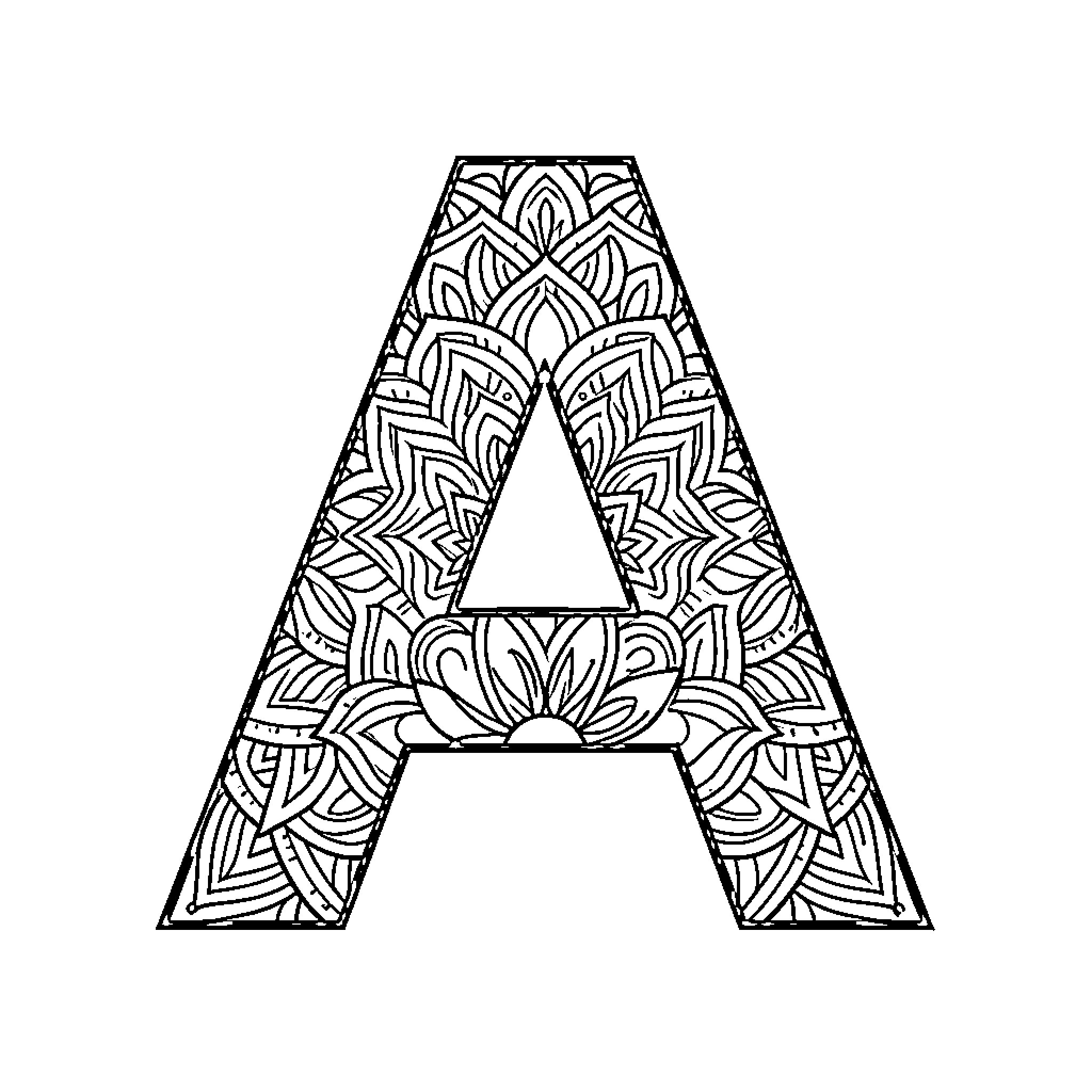 Alphabet letter A featuring intricate floral mandala patterns Coloring Page (free black-and-white line drawing printable PDF for all, from beginners to advanced learners, including children, teens, adults, and seniors)