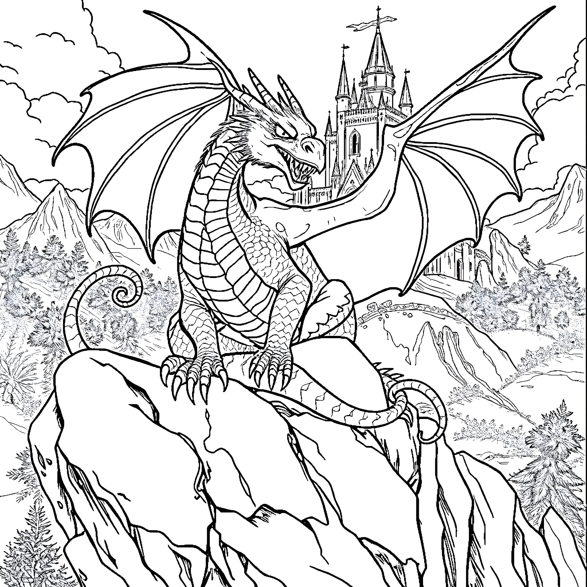 Dragon guarding a fantasy castle on a cliff Coloring Page (free black-and-white line drawing printable PDF for all, from beginners to advanced learners, including children, teens, adults, and seniors)