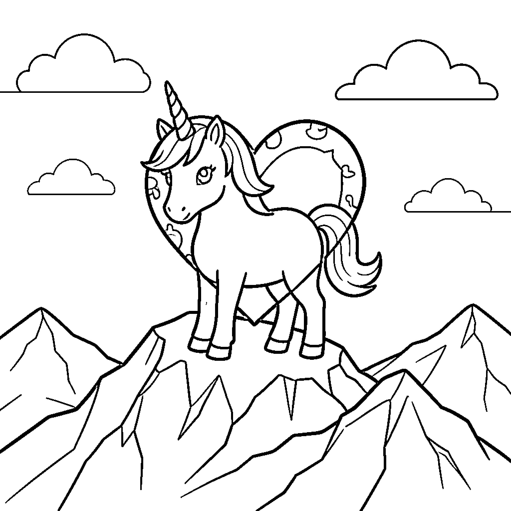 Unicorn standing proudly on top of a mountain Coloring Page (free black-and-white line drawing printable PDF for all, from beginners to advanced learners, including children, teens, adults, and seniors)