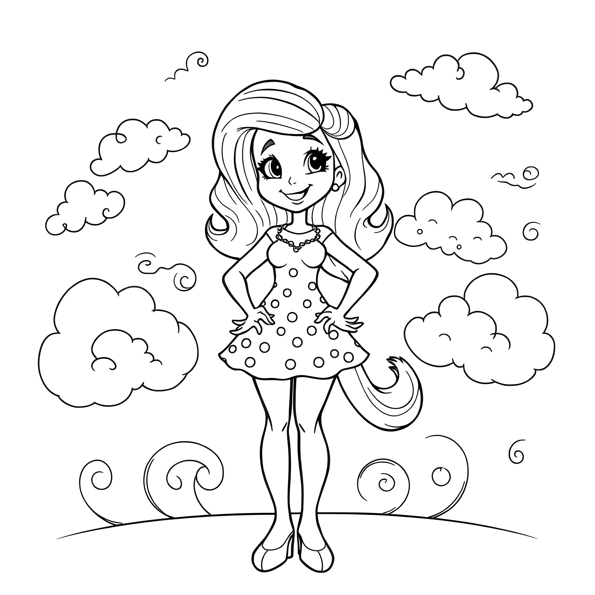 Piper Perri in a Whimsical Outdoor Scene Coloring Page (free black-and-white line drawing printable PDF for all, from beginners to advanced learners, including children, teens, adults, and seniors)