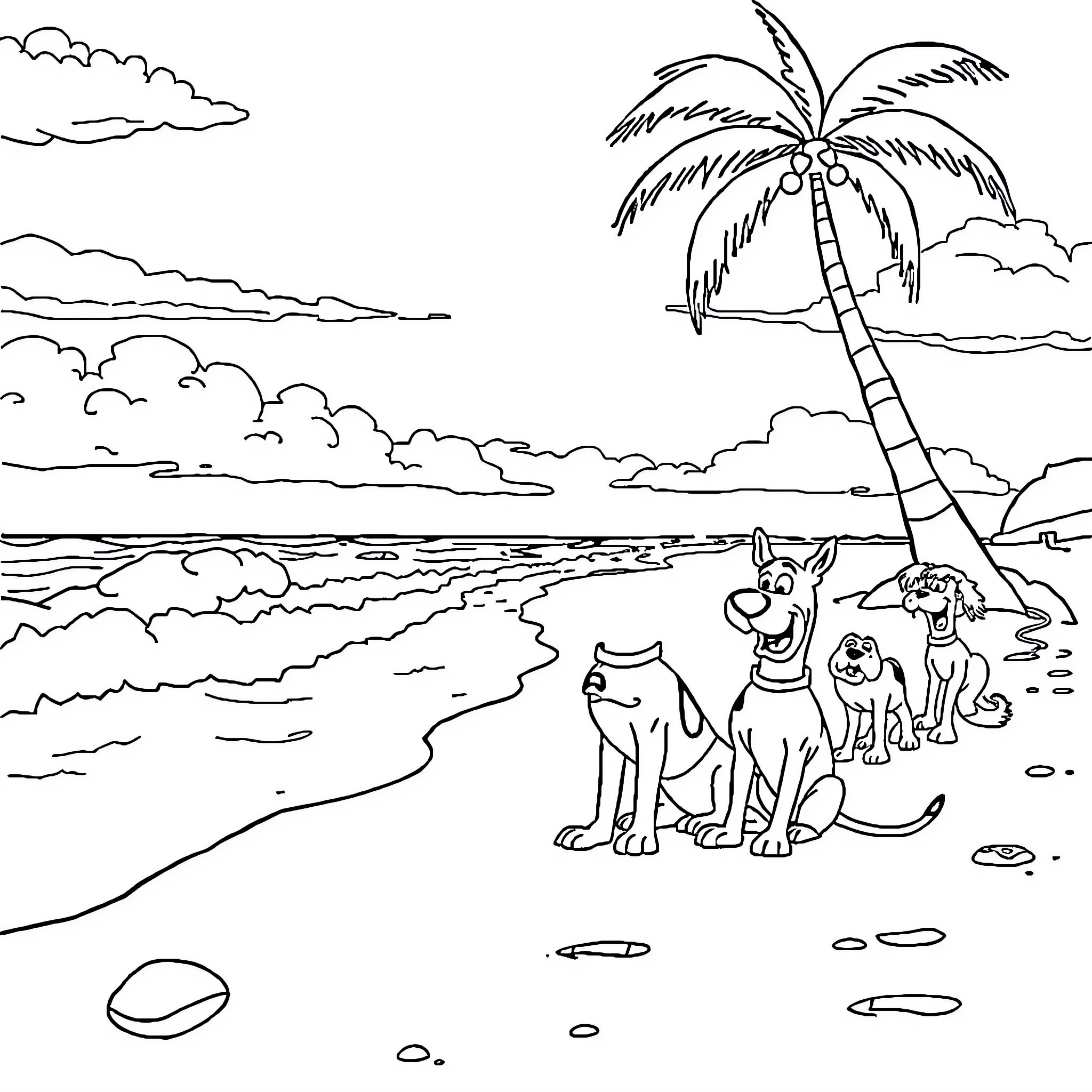 Scooby Doo and friends explore a tropical beach Coloring Page (free black-and-white line drawing printable PDF for all, from beginners to advanced learners, including children, teens, adults, and seniors)