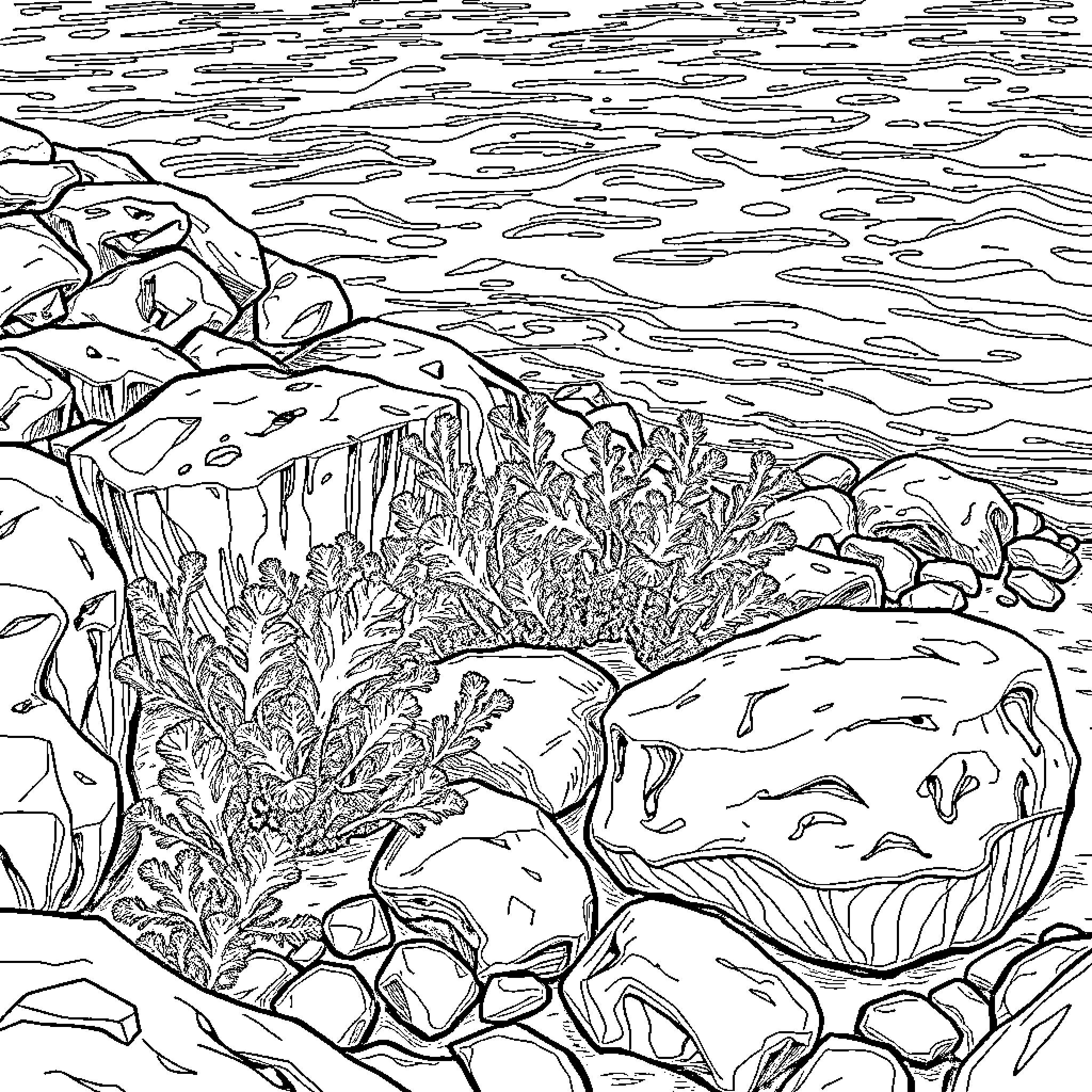 Algae growing amidst rocks and aquatic plants Coloring Page (free black-and-white line drawing printable PDF for all, from beginners to advanced learners, including children, teens, adults, and seniors)