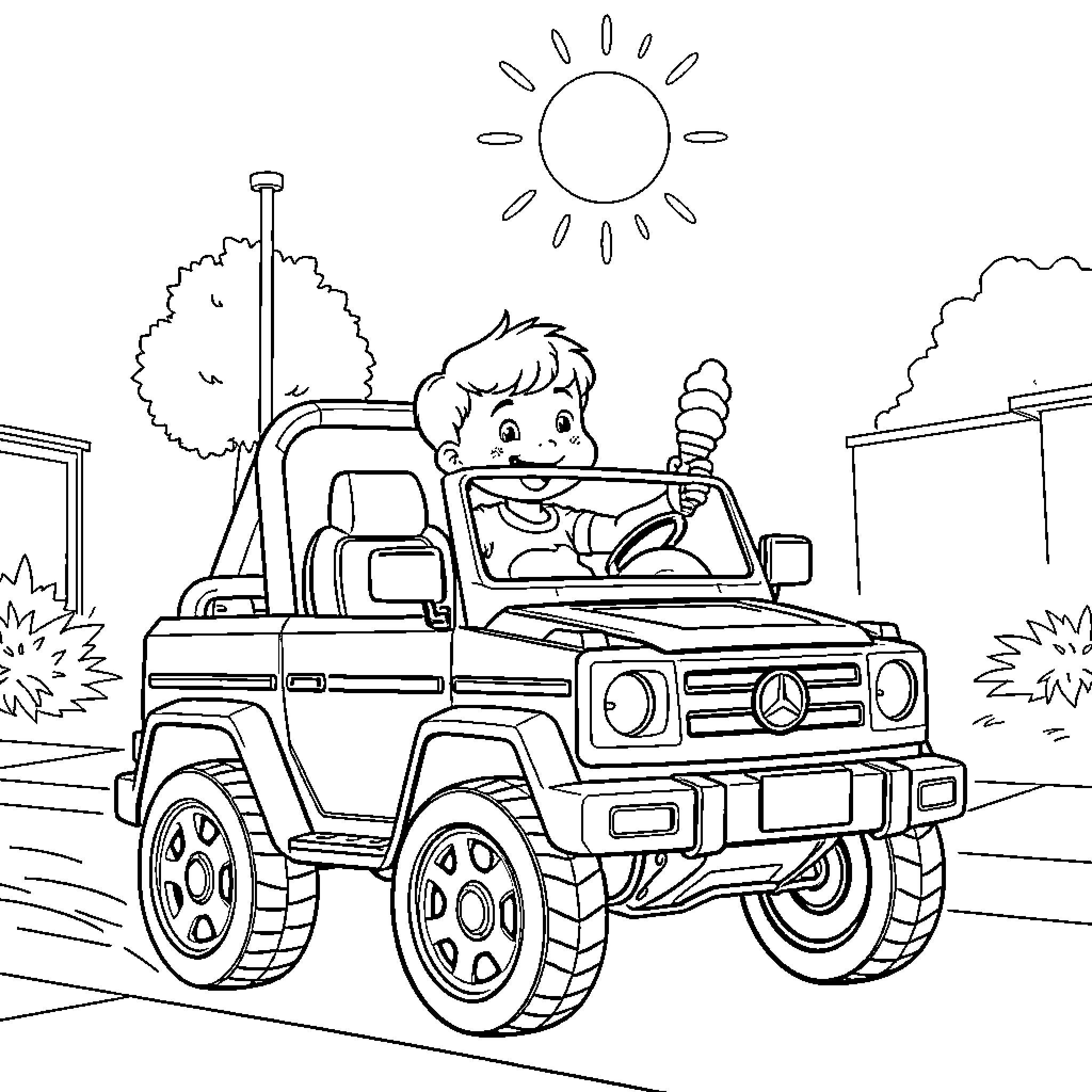 Toddler playing with toy car in outdoor scene Coloring Page (free black-and-white line drawing printable PDF for all, from beginners to advanced learners, including children, teens, adults, and seniors)