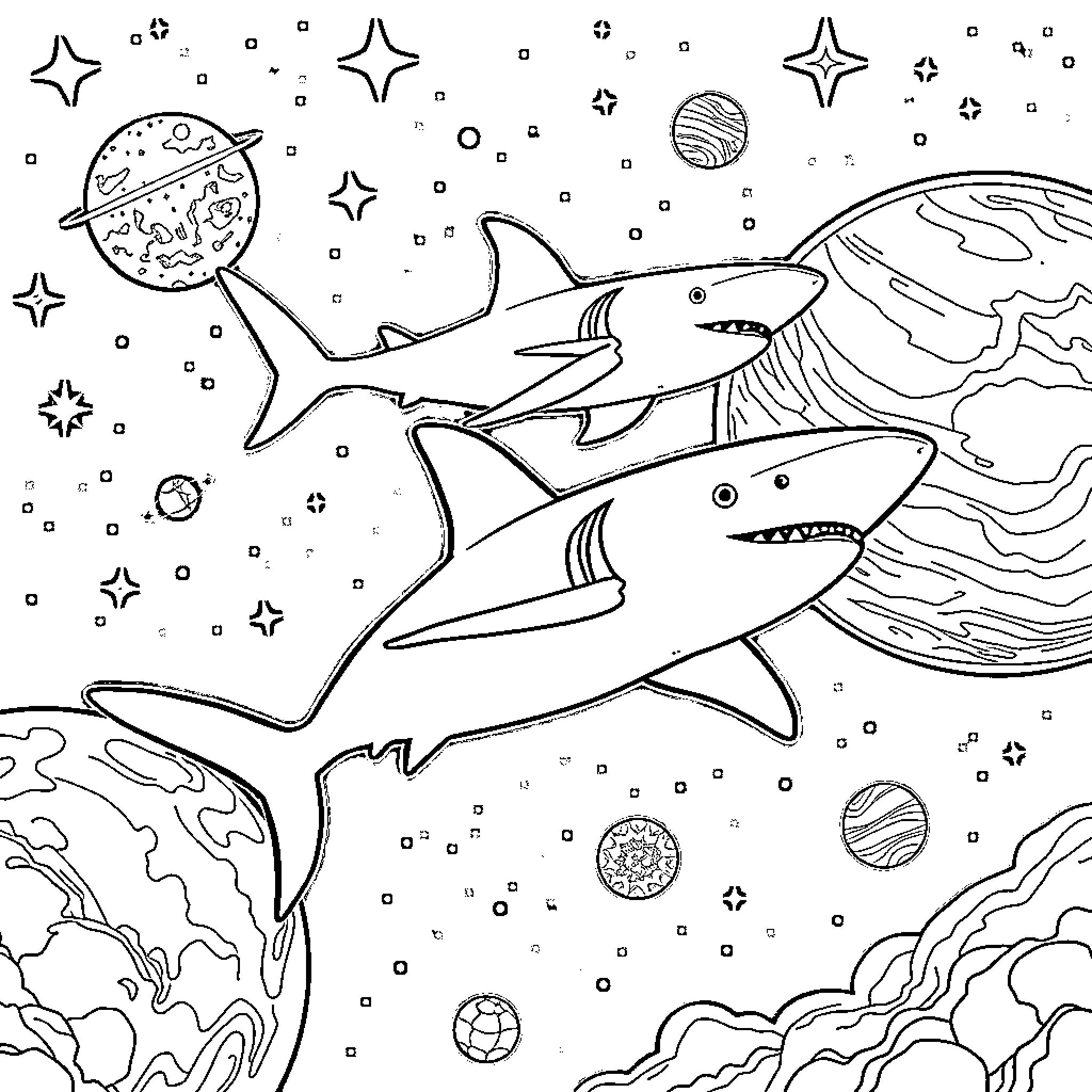 Hammerhead Sharks Swimming through Cosmic Realm Coloring Page (free black-and-white line drawing printable PDF for all, from beginners to advanced learners, including children, teens, adults, and seniors)