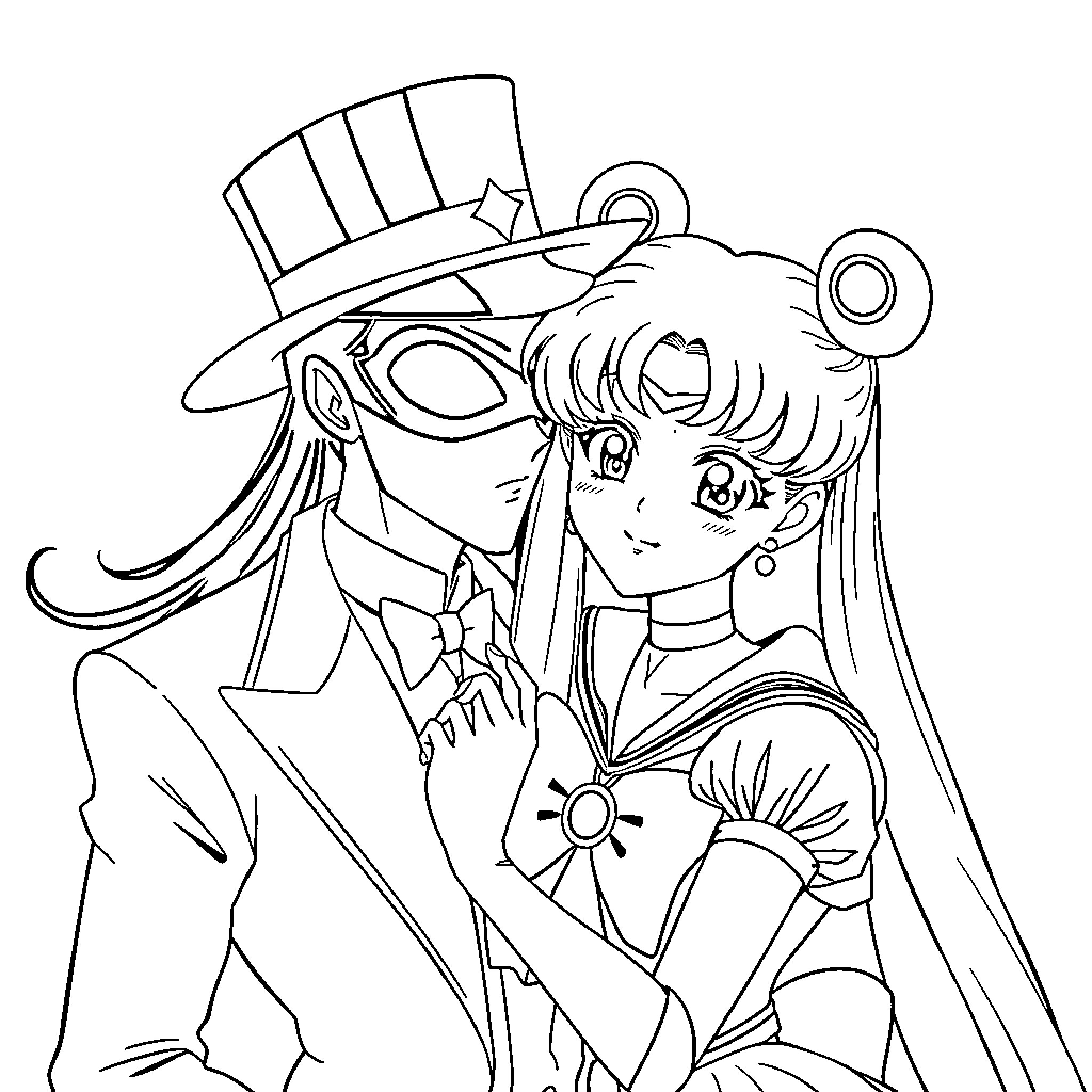 Tuxedo Mask and Sailor Moon in Action Coloring Page (free black-and-white line drawing printable PDF for all, from beginners to advanced learners, including children, teens, adults, and seniors)