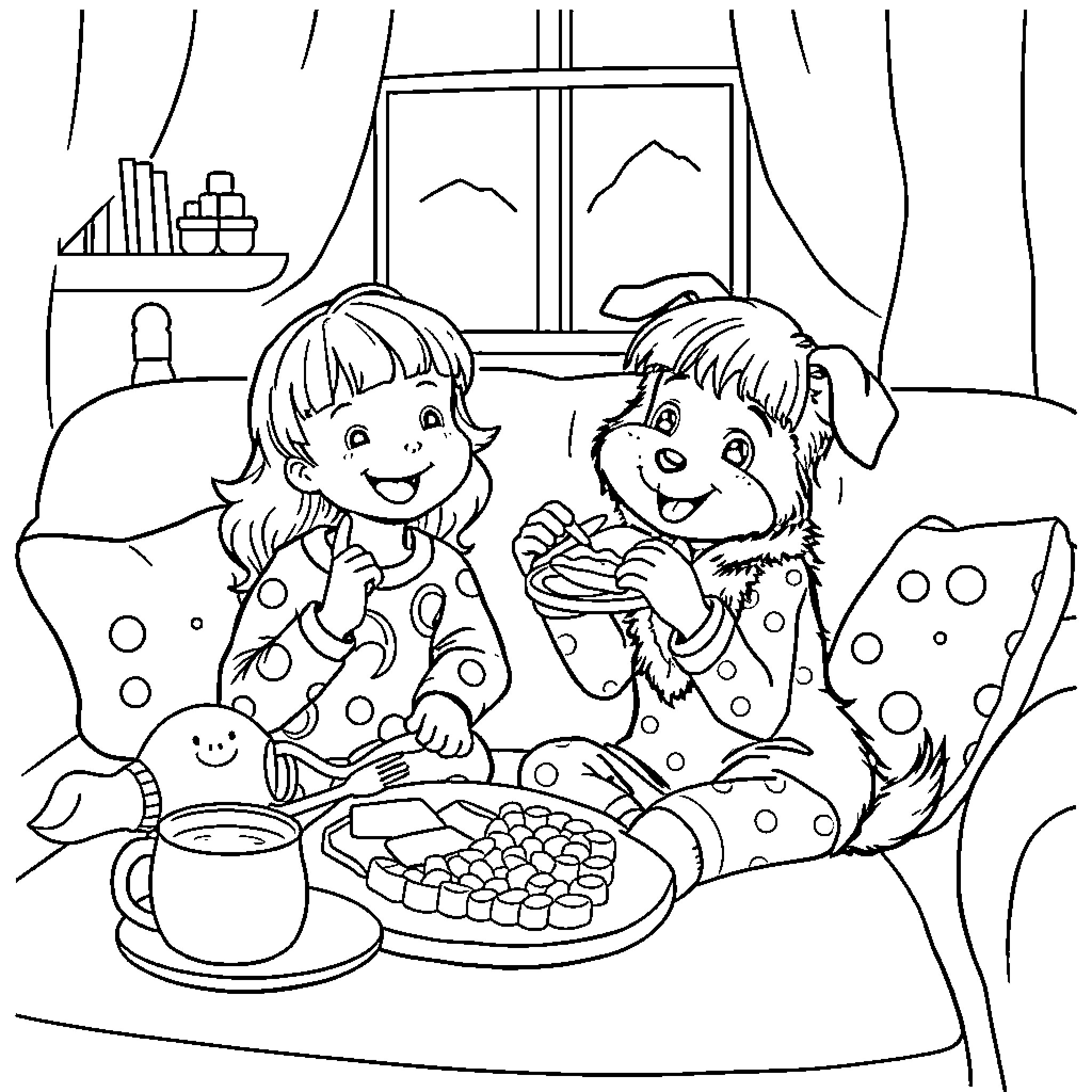 Border Collie Enjoying Cozy Afternoon with Young Friend Coloring Page (free black-and-white line drawing printable PDF for all, from beginners to advanced learners, including children, teens, adults, and seniors)