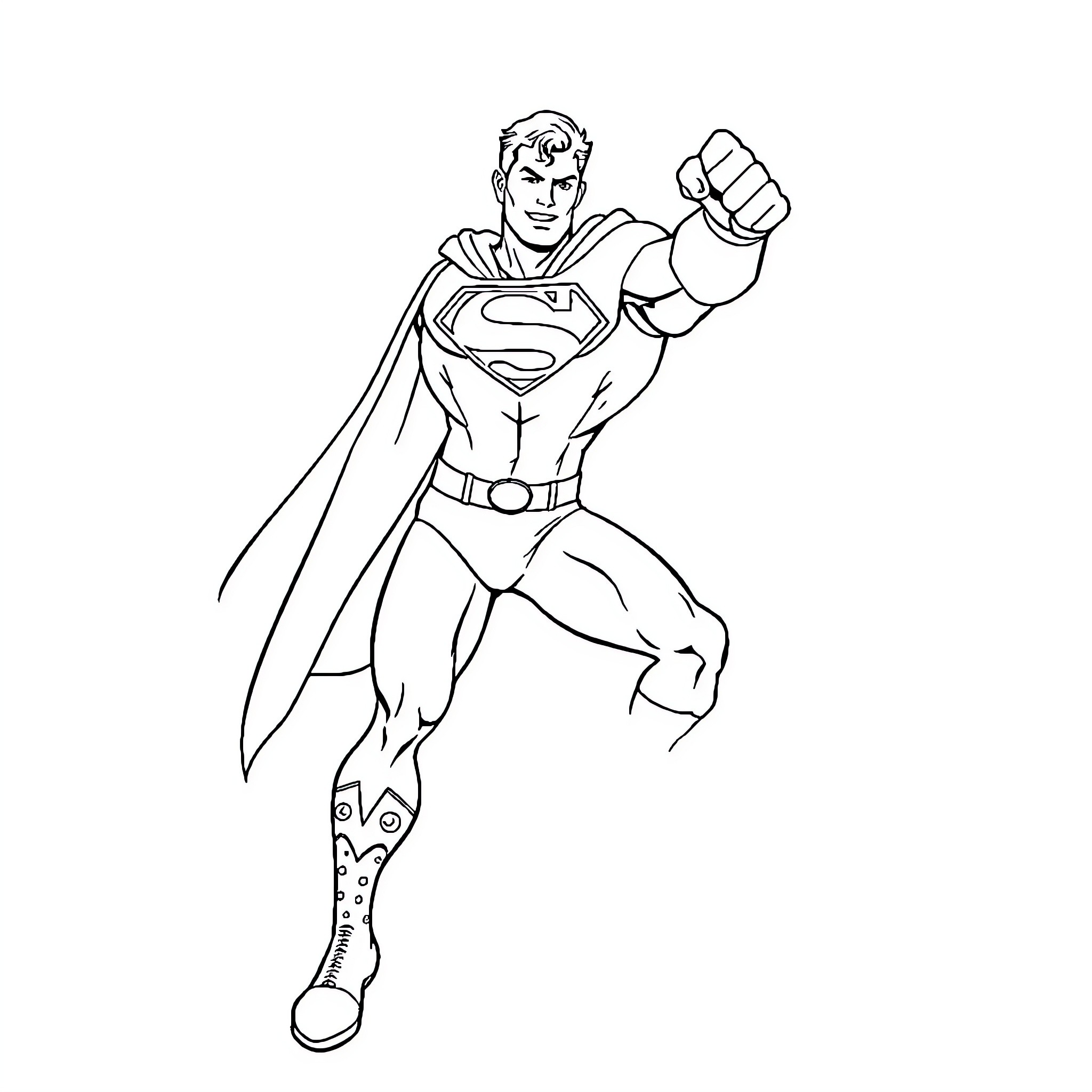 Superman flying in heroic pose Coloring Page (free black-and-white line drawing printable PDF for all, from beginners to advanced learners, including children, teens, adults, and seniors)