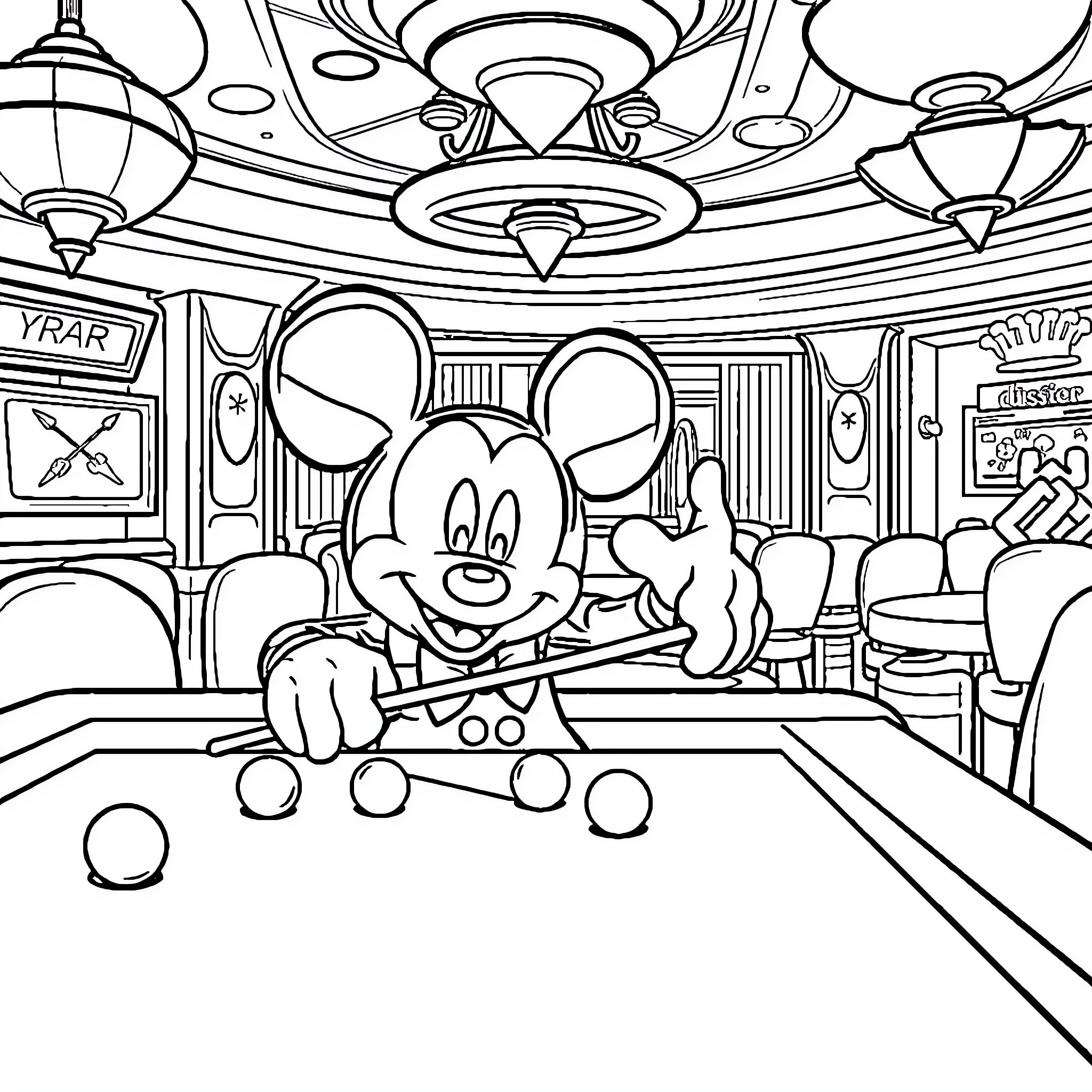 Mickey playing pool in a colorful arcade Coloring Page (free black-and-white line drawing printable PDF for all, from beginners to advanced learners, including children, teens, adults, and seniors)