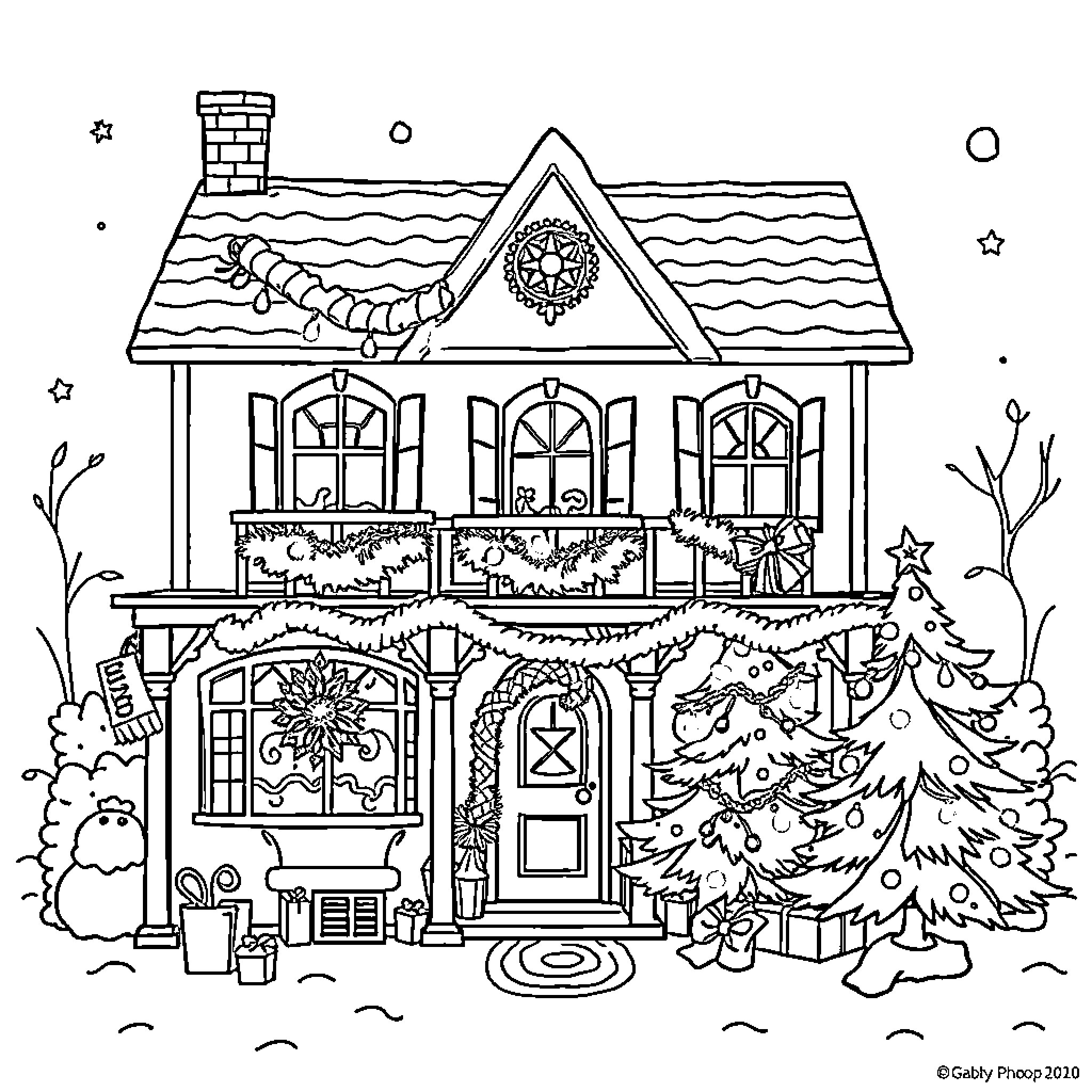 Dollhouse adorned for the holidays Coloring Page (free black-and-white line drawing printable PDF for all, from beginners to advanced learners, including children, teens, adults, and seniors)