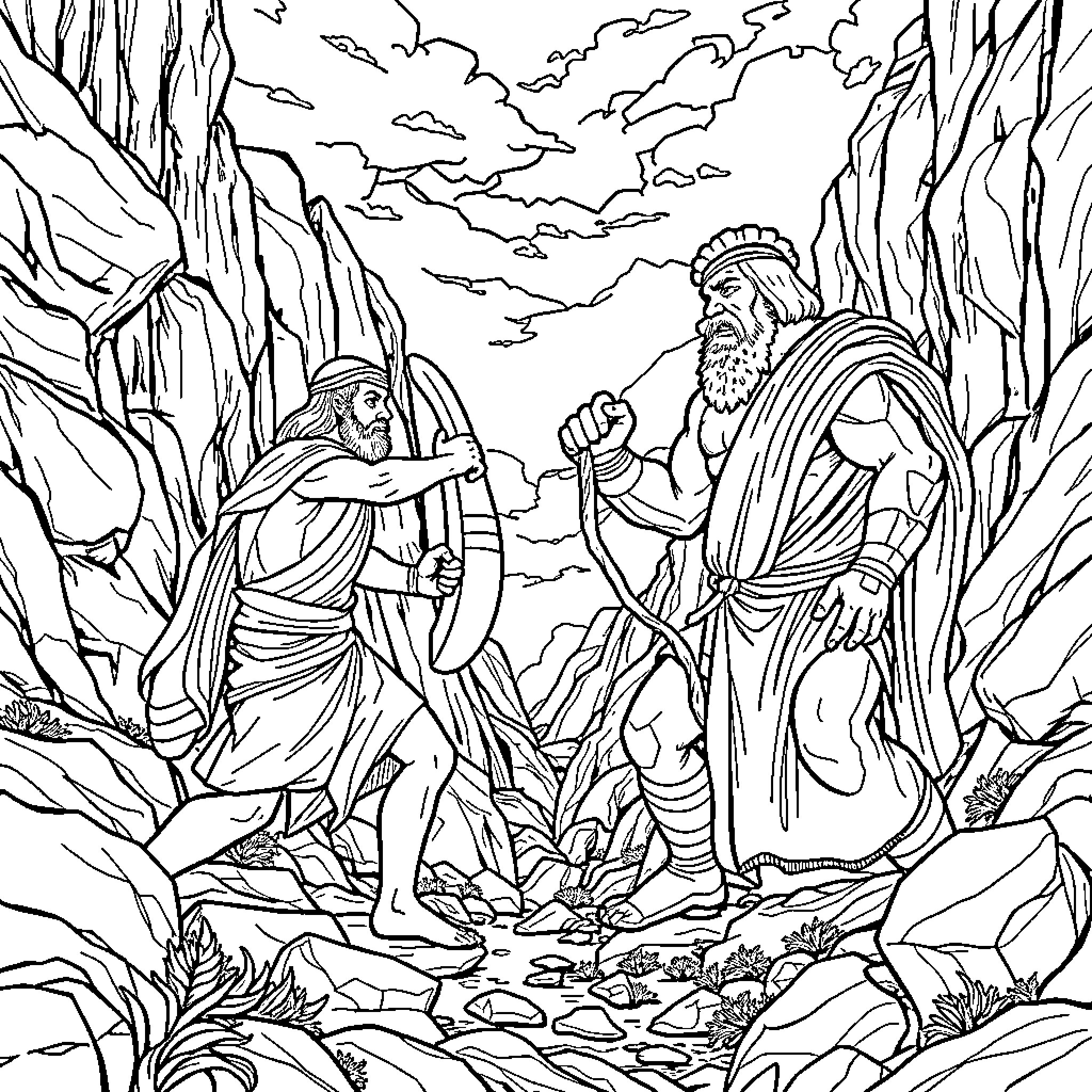 David and Goliath in epic battle amid rocky landscape Coloring Page (free black-and-white line drawing printable PDF for all, from beginners to advanced learners, including children, teens, adults, and seniors)