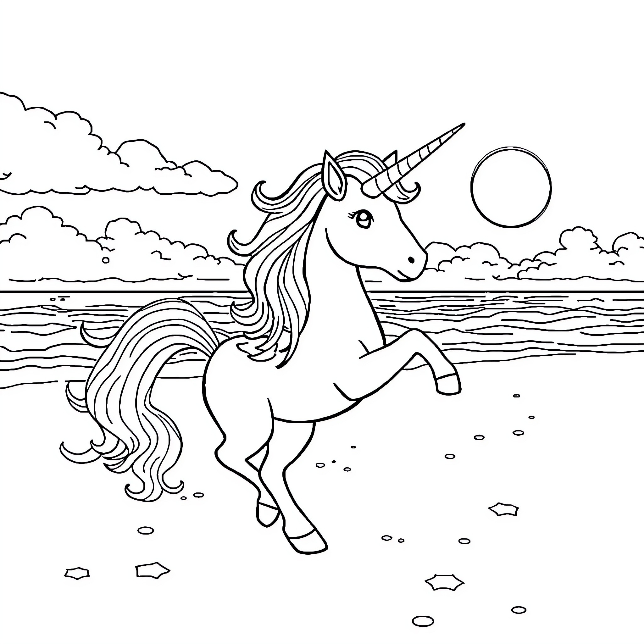 Unicorn galloping across the beach at sunset Coloring Page (free black-and-white line drawing printable PDF for all, from beginners to advanced learners, including children, teens, adults, and seniors)