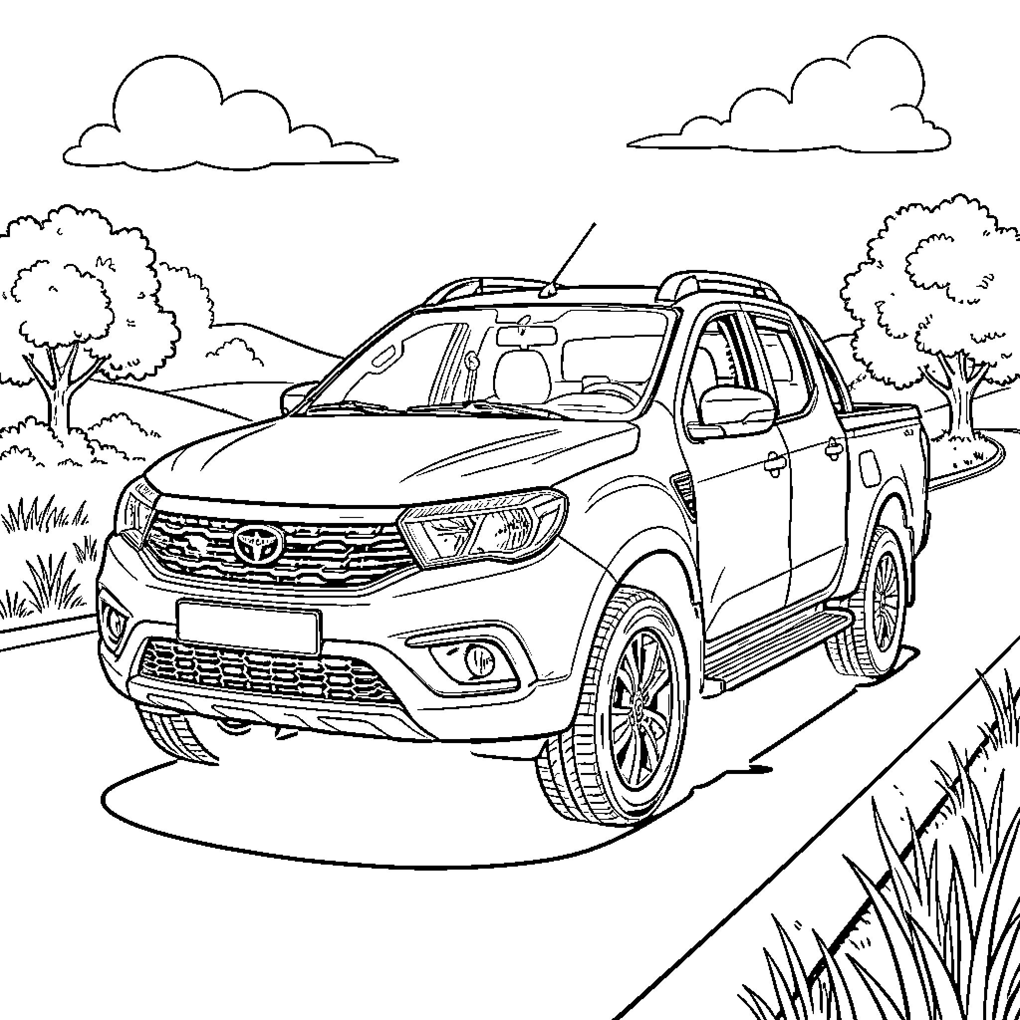 Tata Sierra pickup truck in nature scene Coloring Page (free black-and-white line drawing printable PDF for all, from beginners to advanced learners, including children, teens, adults, and seniors)