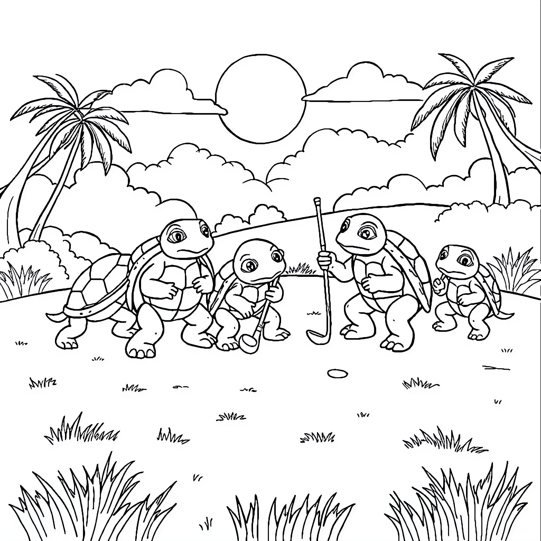 Turtle friends playing on a tropical beach Coloring Page (free black-and-white line drawing printable PDF for all, from beginners to advanced learners, including children, teens, adults, and seniors)