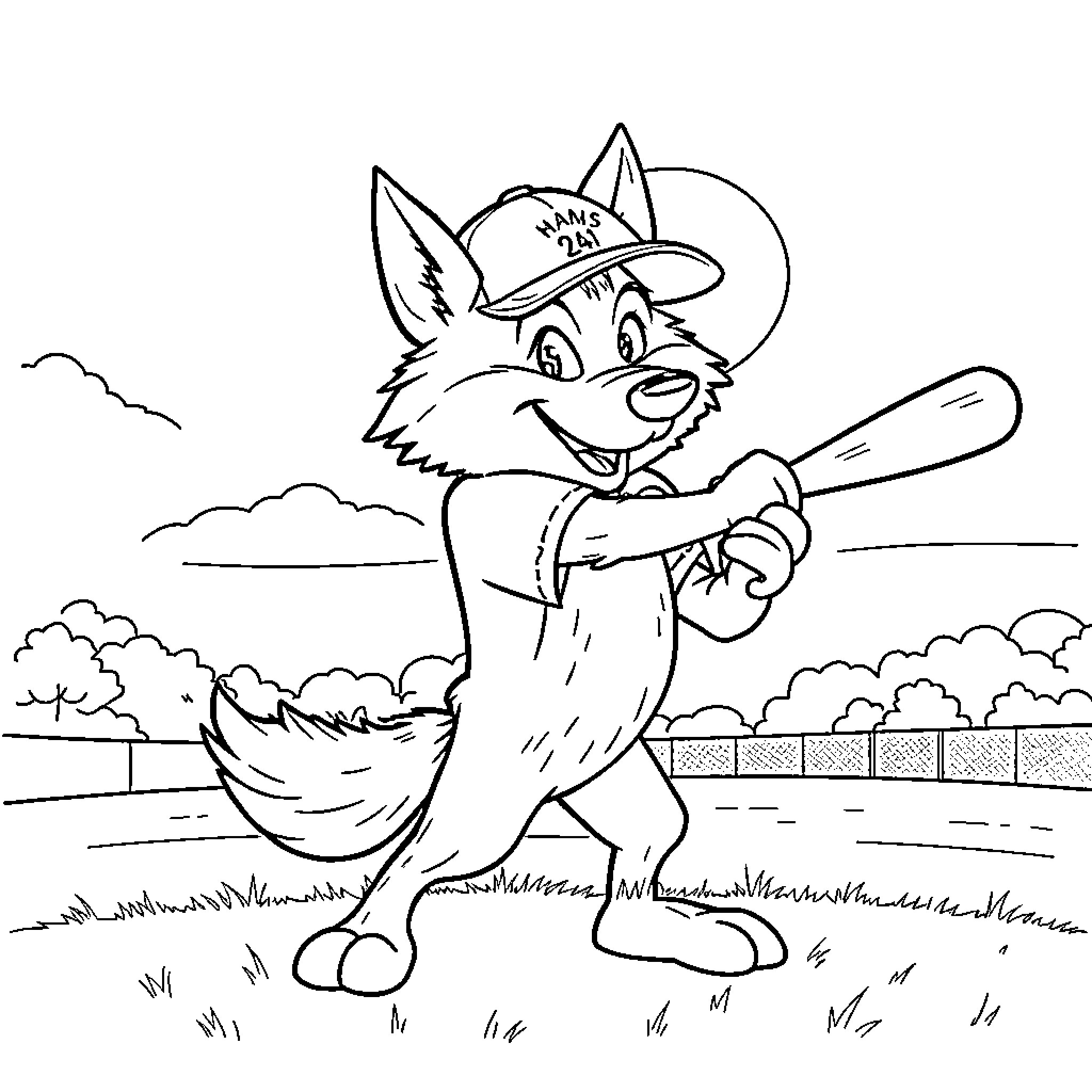 Wolf baseball player ready to bat on field Coloring Page (free black-and-white line drawing printable PDF for all, from beginners to advanced learners, including children, teens, adults, and seniors)