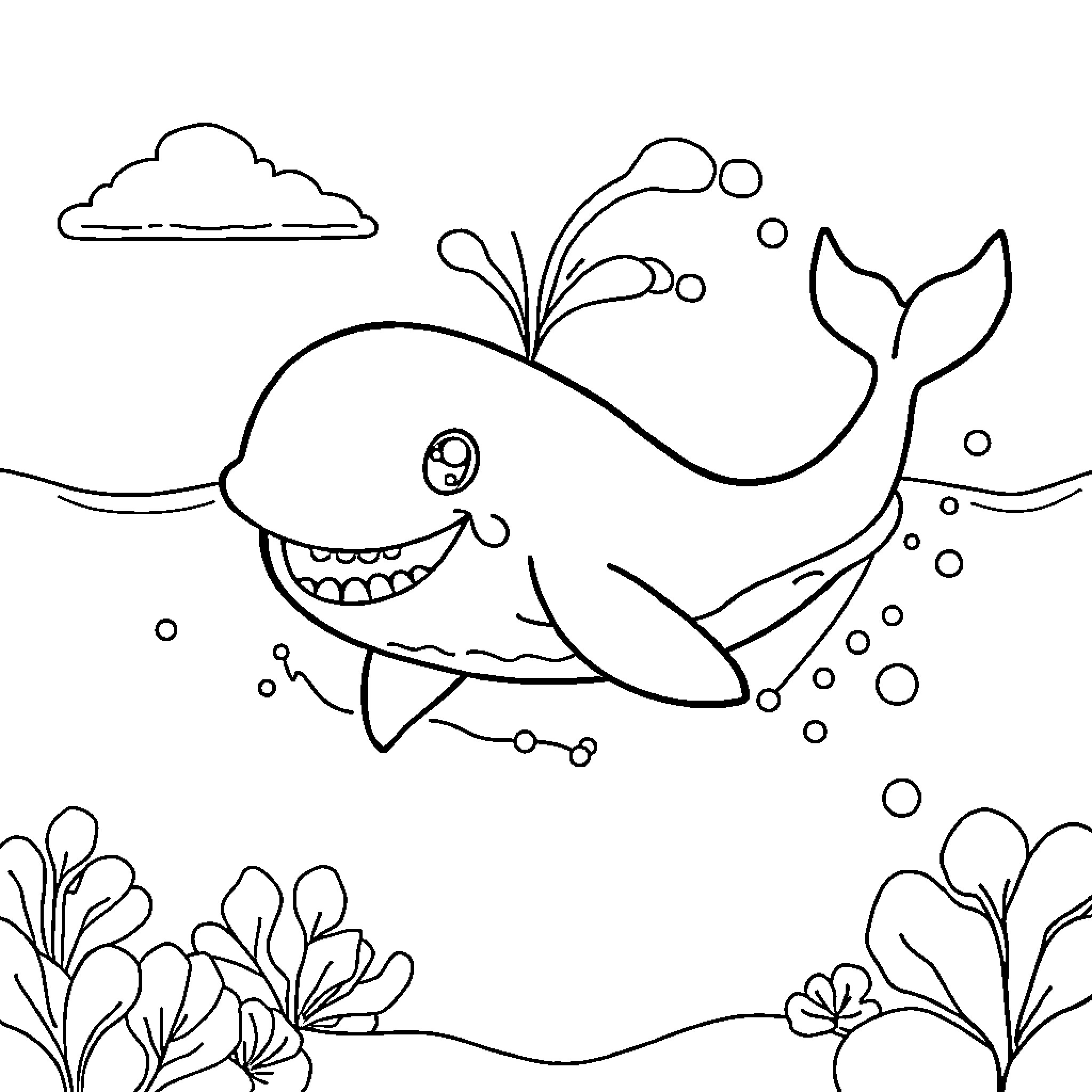 Whale joyfully swimming in the ocean Coloring Page (free black-and-white line drawing printable PDF for all, from beginners to advanced learners, including children, teens, adults, and seniors)