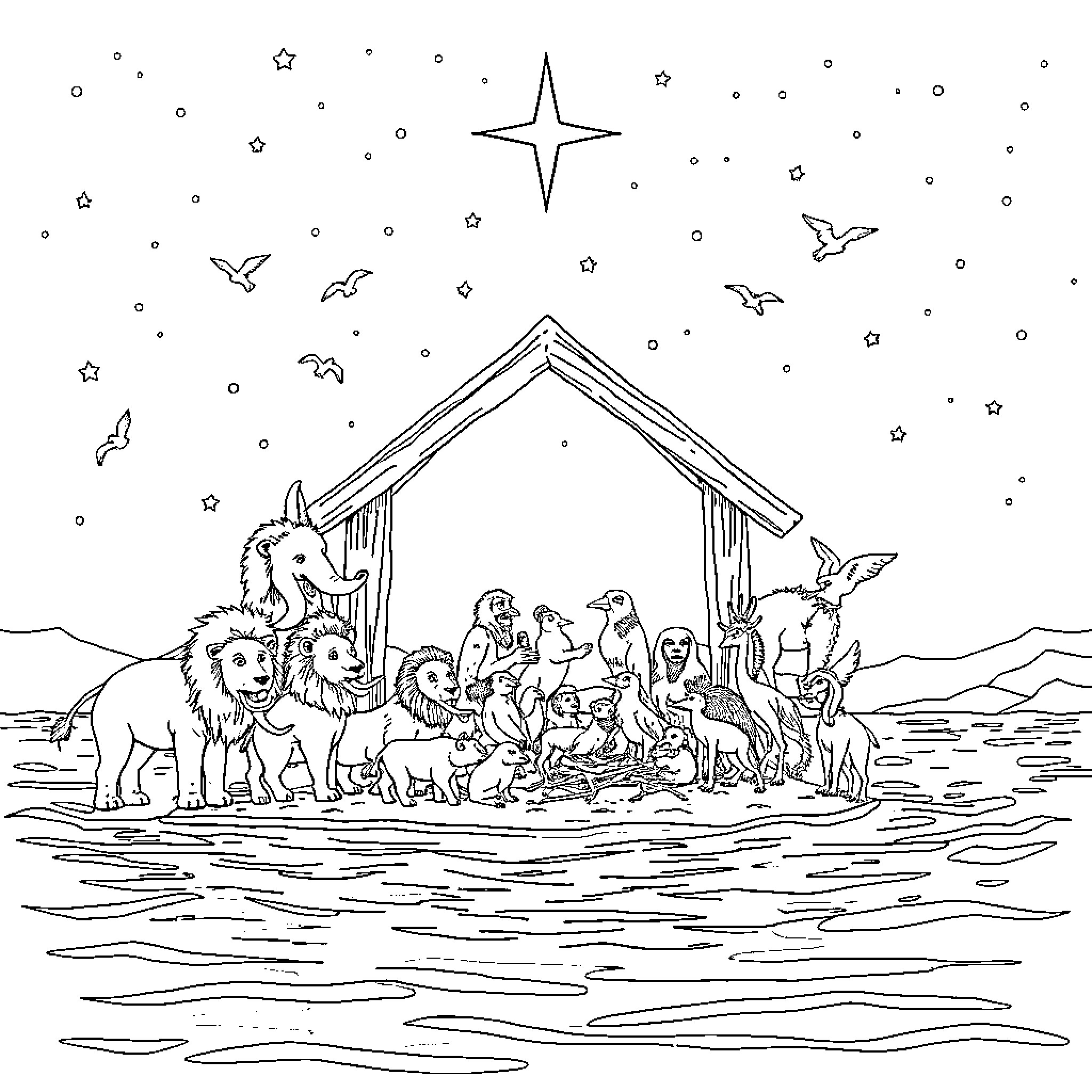 Noah's Ark with Various Animals Gathered Coloring Page (free black-and-white line drawing printable PDF for all, from beginners to advanced learners, including children, teens, adults, and seniors)