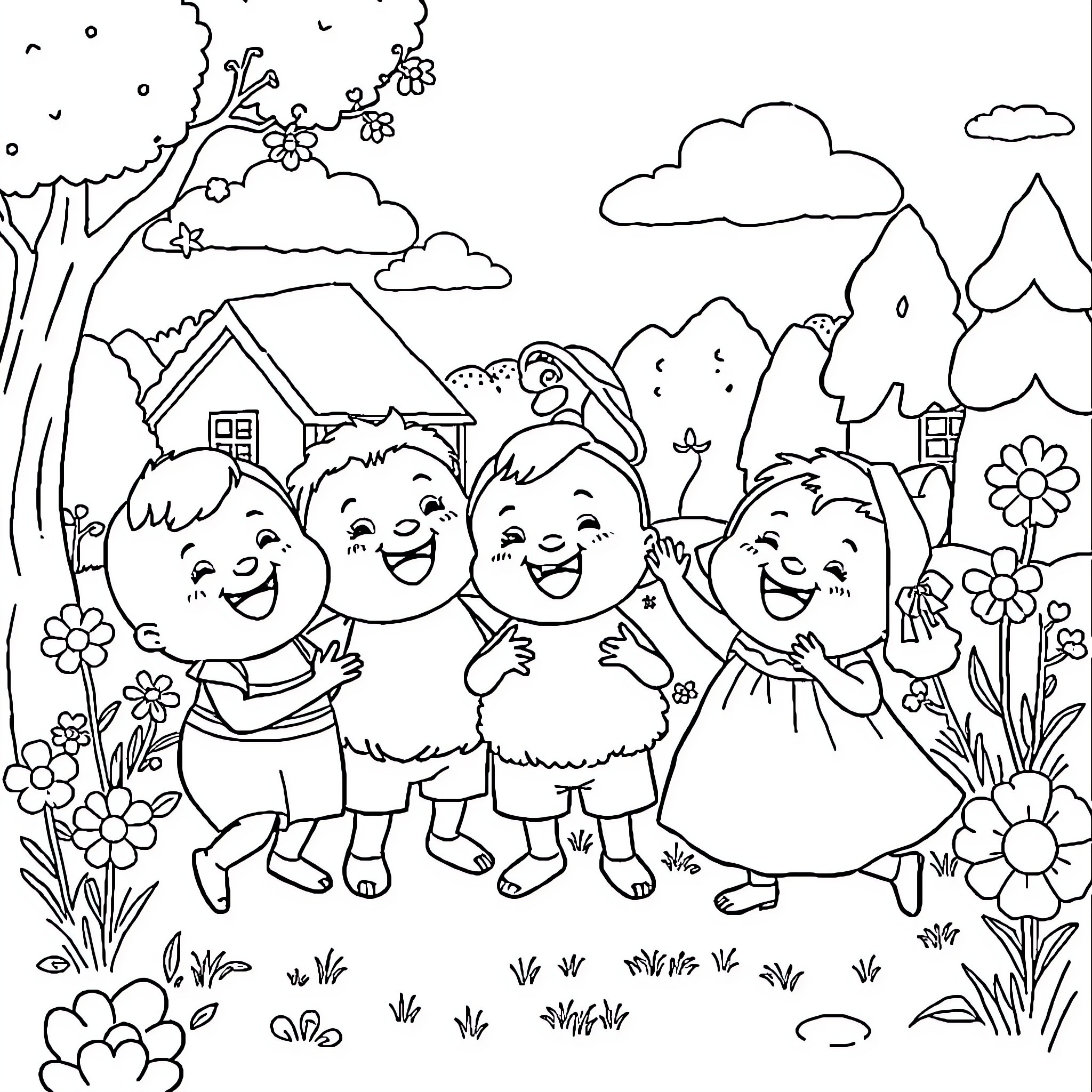 Babblarna characters playing happily in nature Coloring Page (free black-and-white line drawing printable PDF for all, from beginners to advanced learners, including children, teens, adults, and seniors)